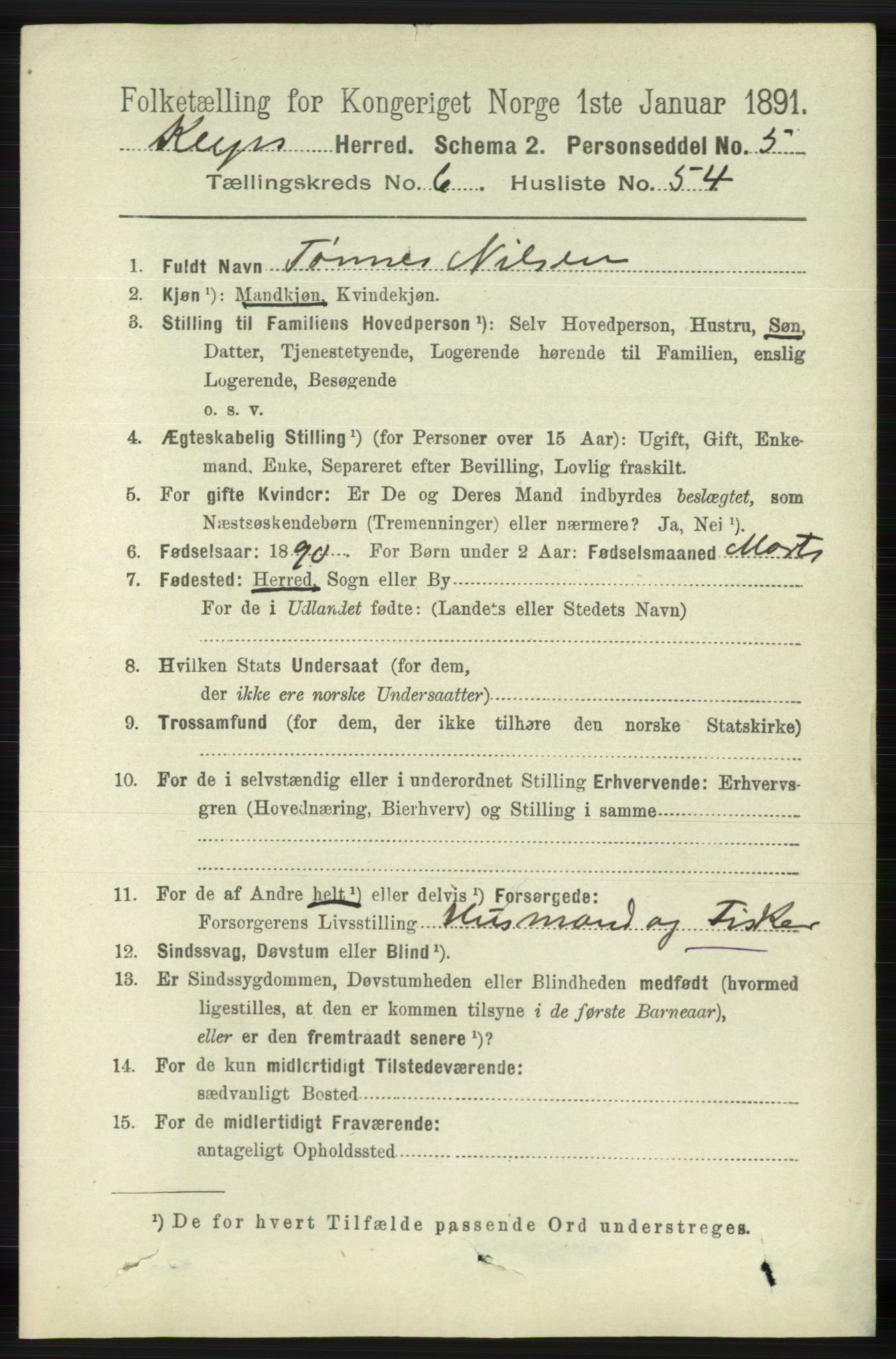 RA, 1891 census for 1120 Klepp, 1891, p. 2053