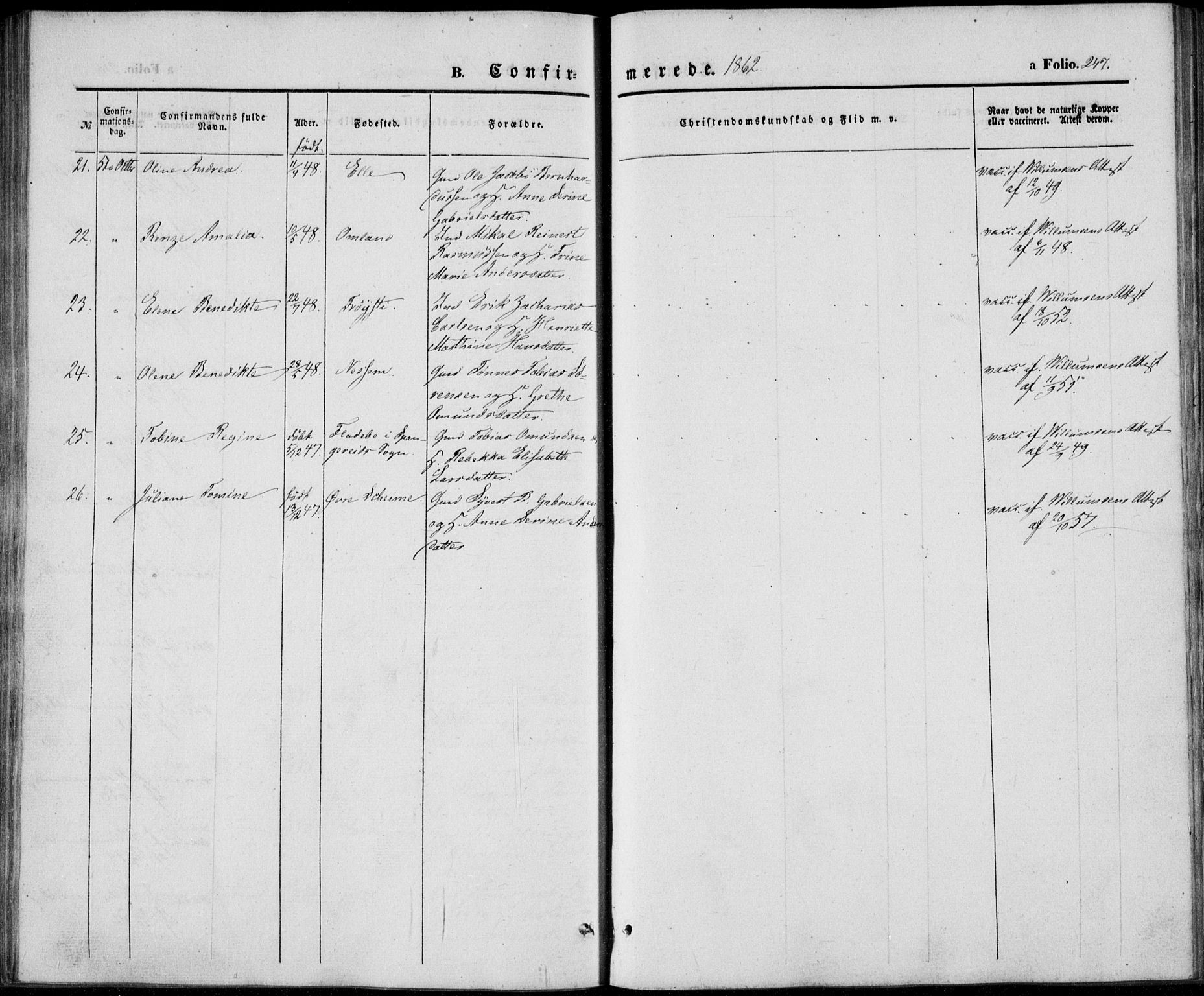 Lista sokneprestkontor, AV/SAK-1111-0027/F/Fb/L0002: Parish register (copy) no. B 2, 1847-1862, p. 247