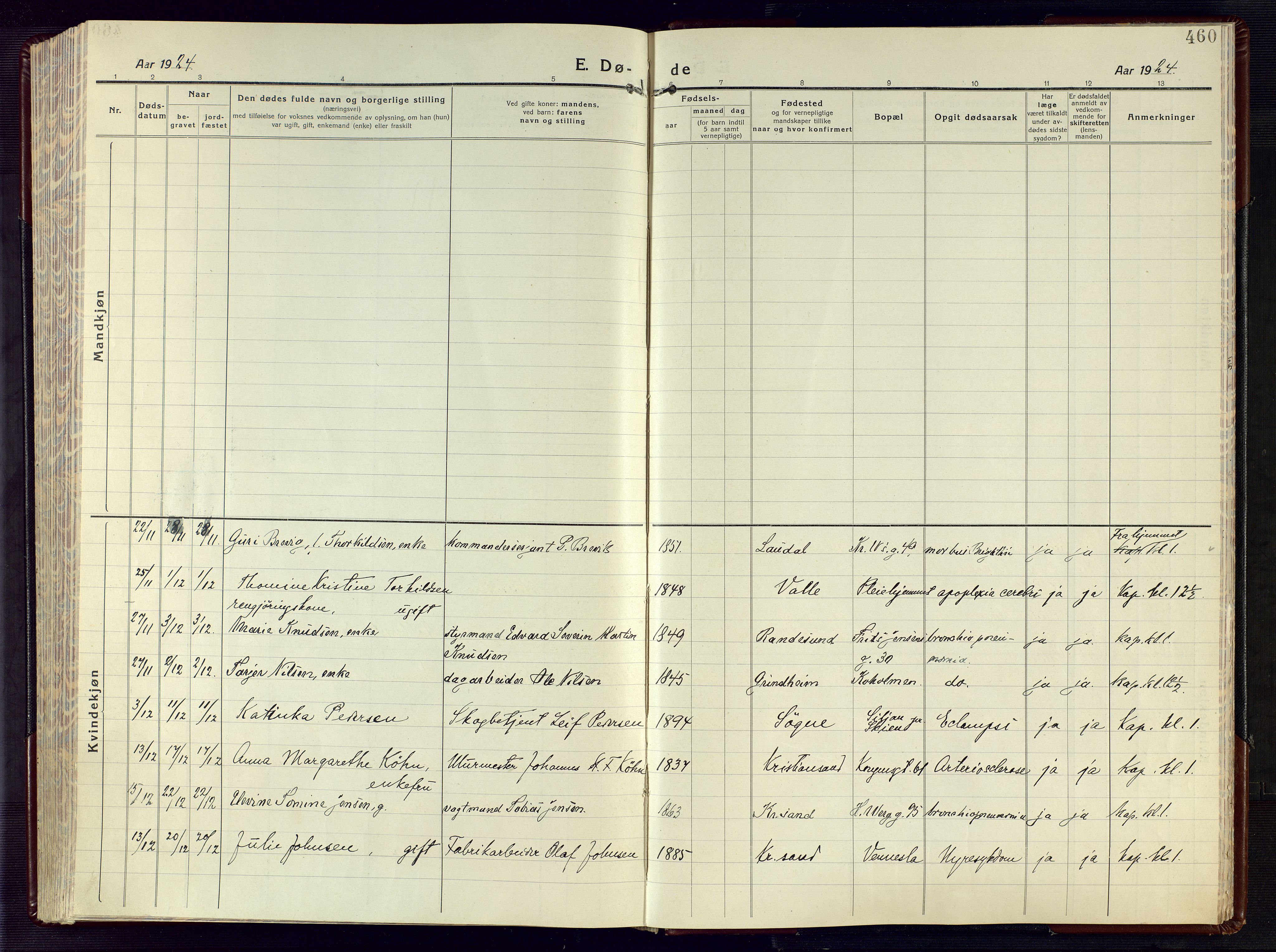 Kristiansand domprosti, AV/SAK-1112-0006/F/Fa/L0028: Parish register (official) no. A 27, 1917-1926, p. 460