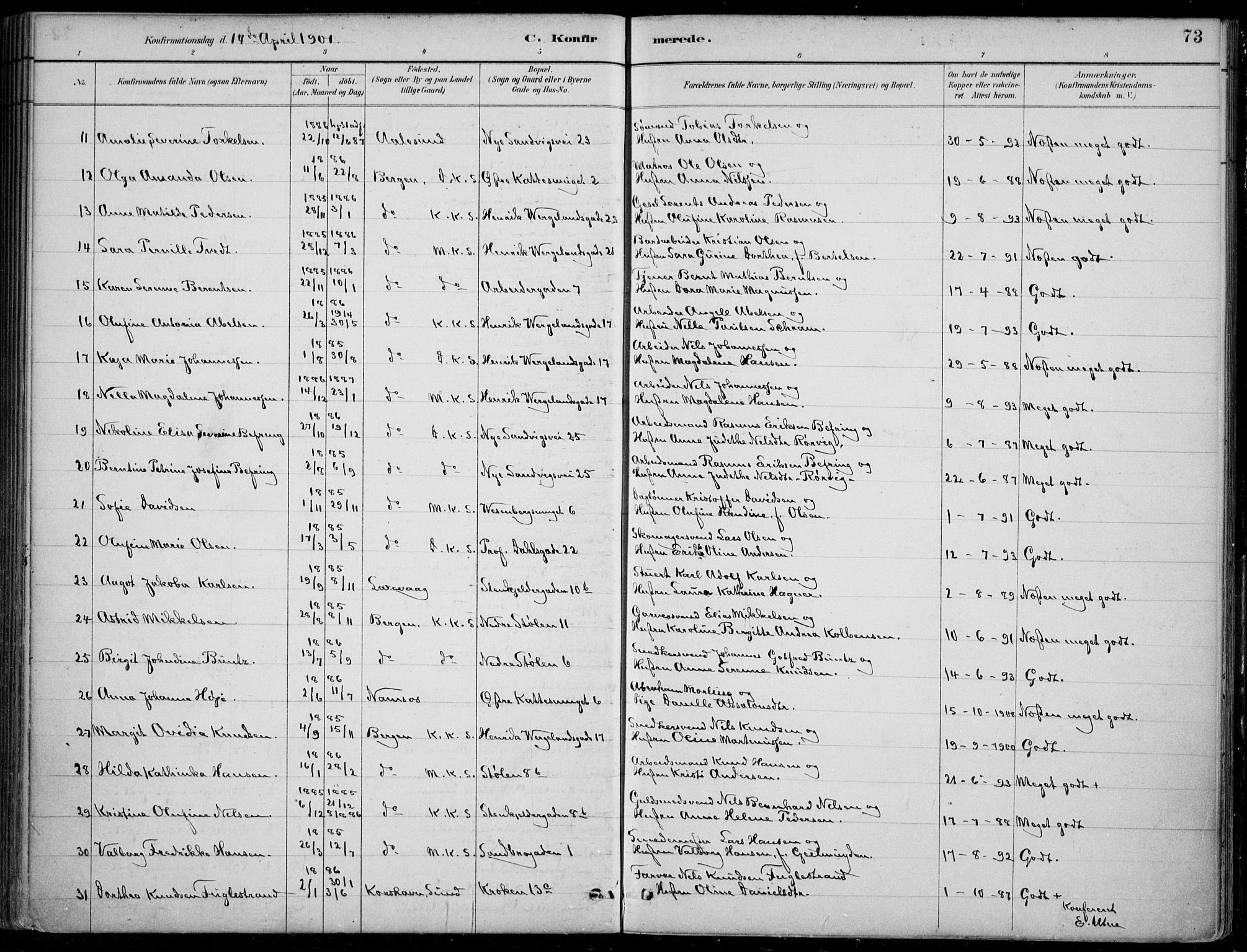 Mariakirken Sokneprestembete, AV/SAB-A-76901/H/Hab/L0008: Parish register (copy) no. A 8, 1889-1908, p. 73