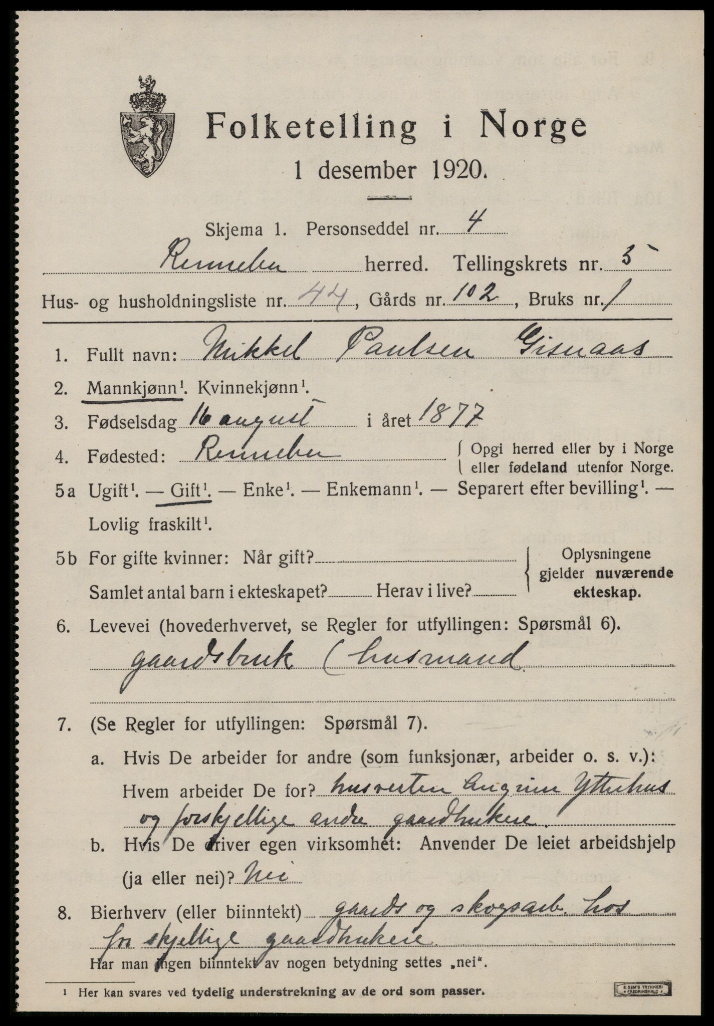 SAT, 1920 census for Rennebu, 1920, p. 4426