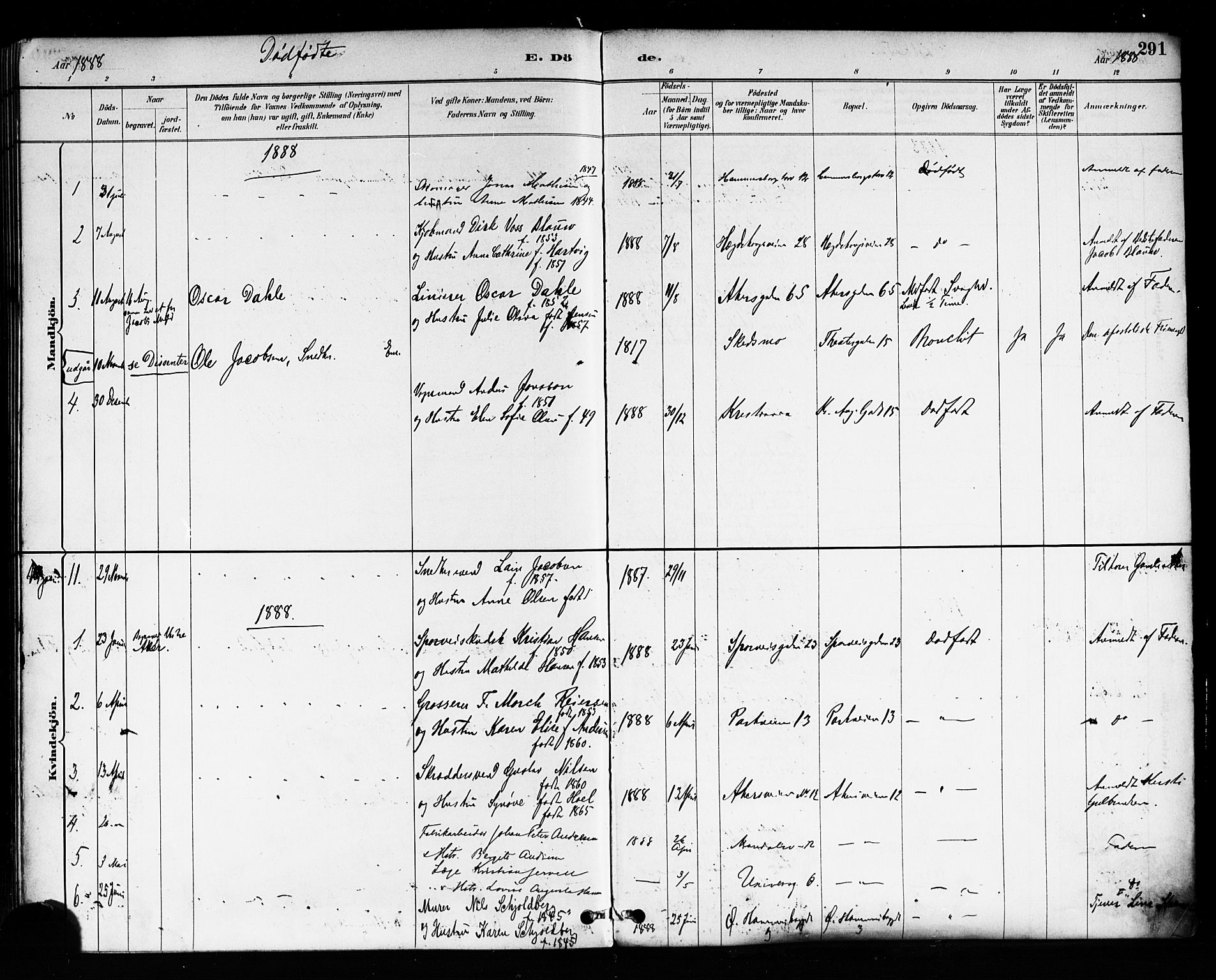 Trefoldighet prestekontor Kirkebøker, AV/SAO-A-10882/F/Fd/L0003: Parish register (official) no. IV 3, 1885-1896, p. 291