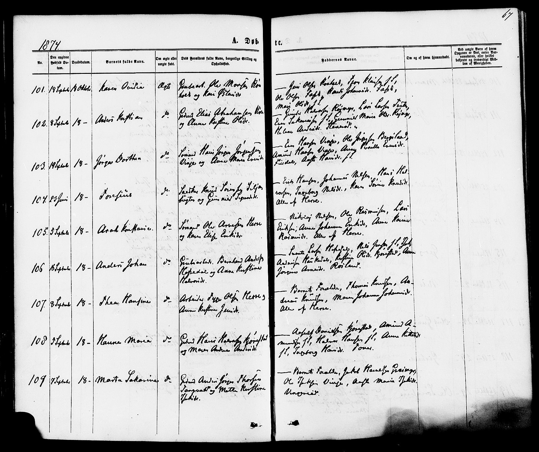 Bamble kirkebøker, AV/SAKO-A-253/F/Fa/L0006: Parish register (official) no. I 6, 1869-1877, p. 67