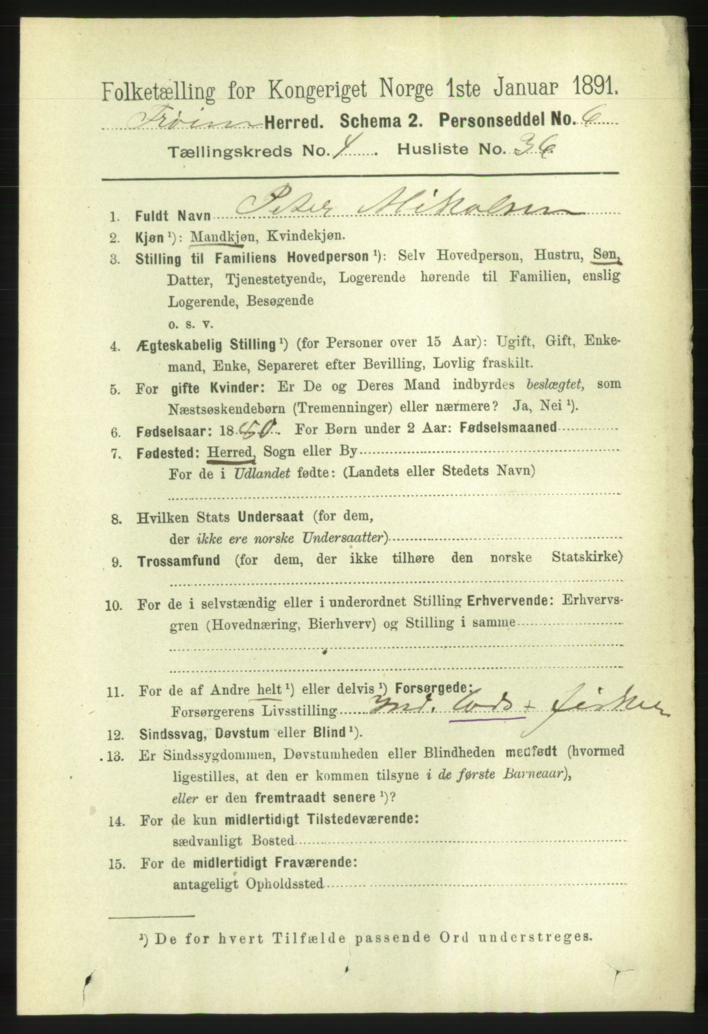 RA, 1891 census for 1619 Frøya, 1891, p. 3213