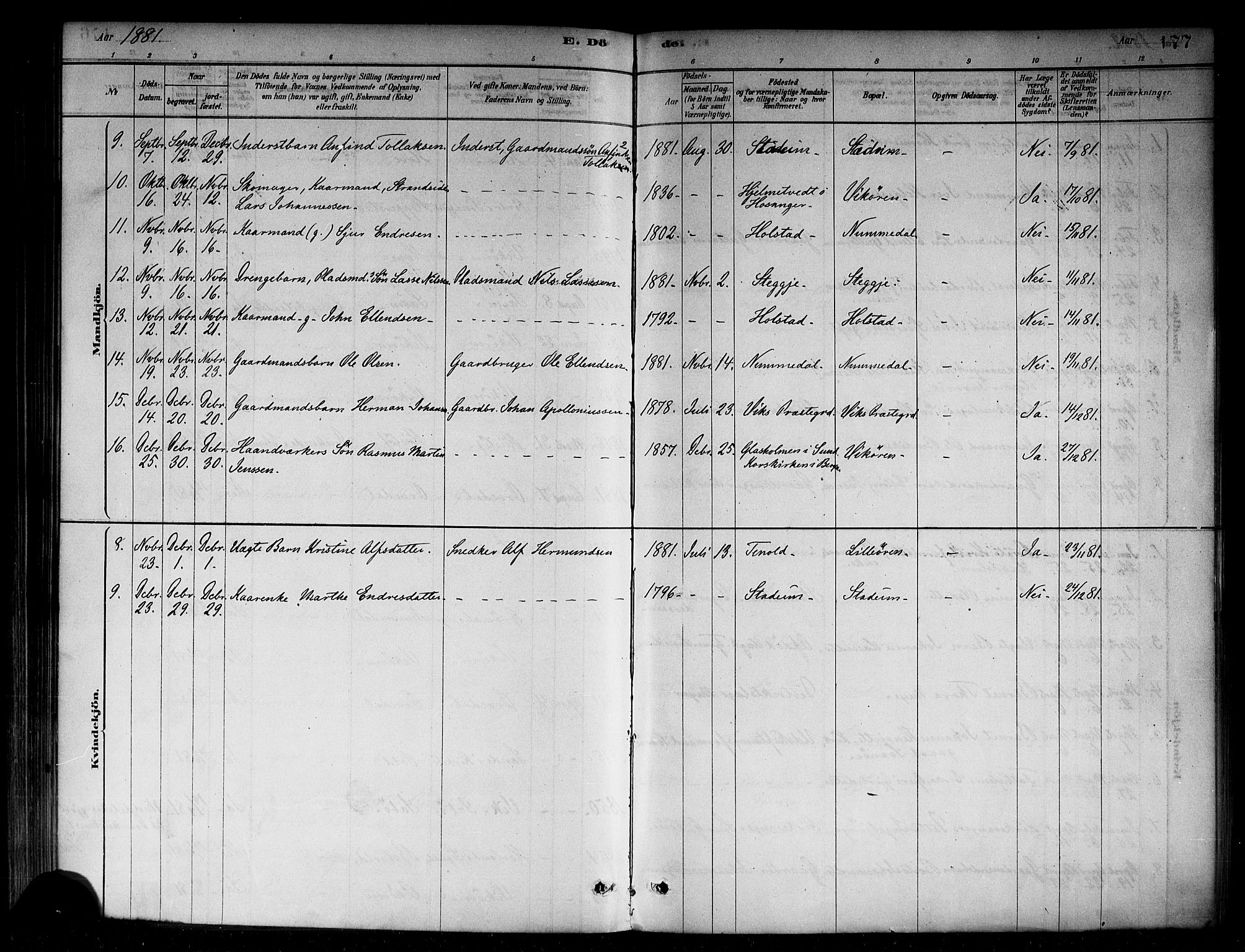 Vik sokneprestembete, AV/SAB-A-81501/H/Haa/Haab/L0001: Parish register (official) no. B 1, 1878-1890, p. 177