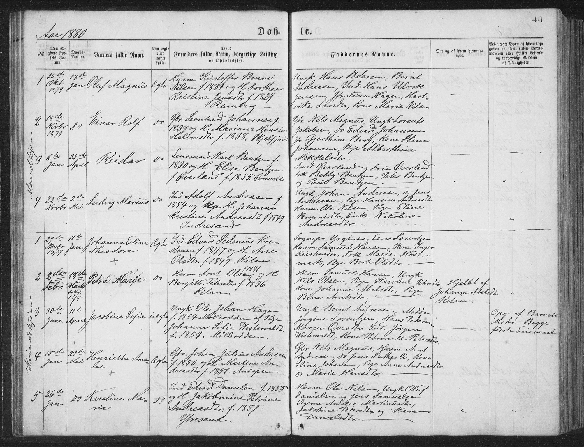 Ministerialprotokoller, klokkerbøker og fødselsregistre - Nordland, AV/SAT-A-1459/885/L1213: Parish register (copy) no. 885C02, 1874-1892, p. 43