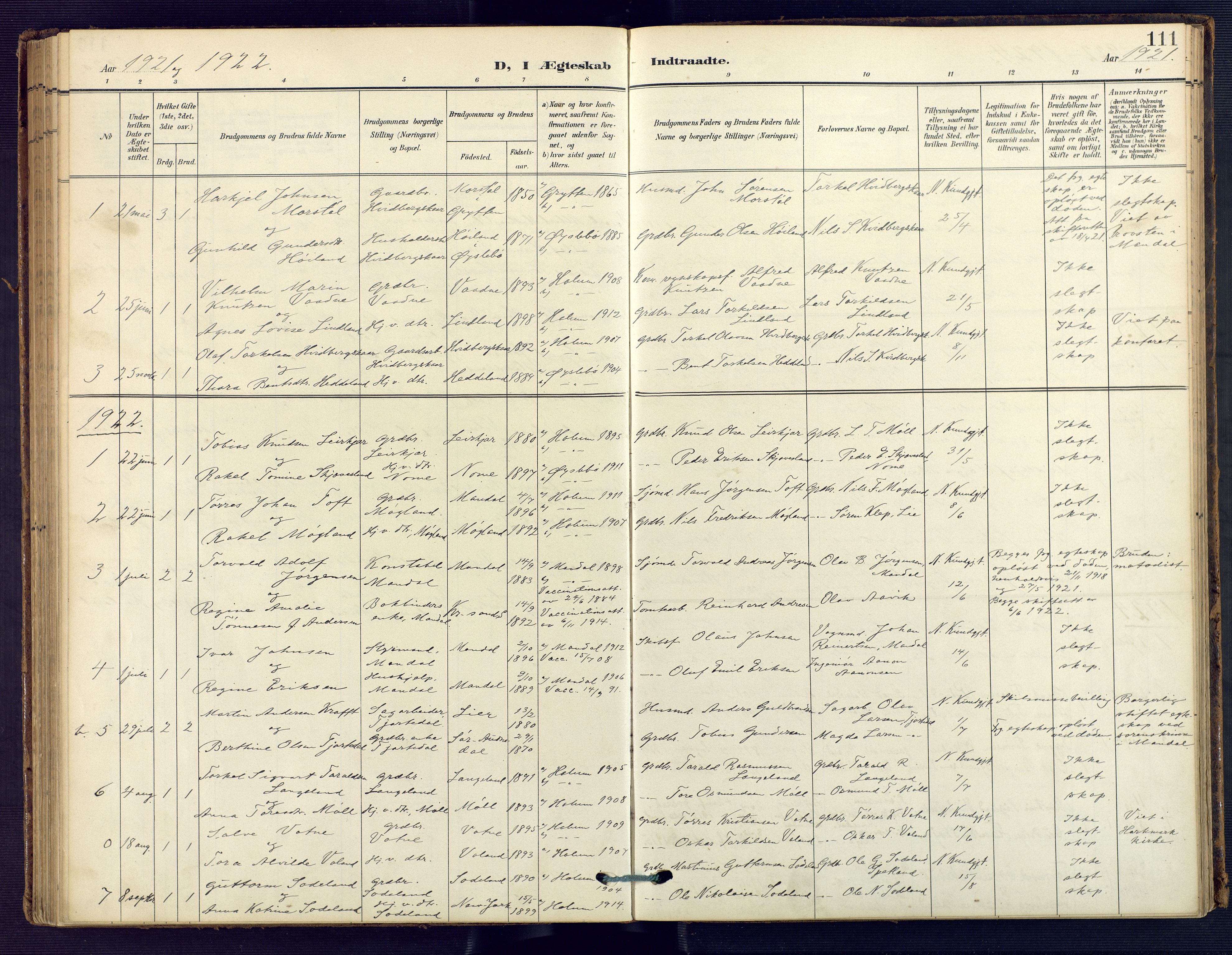 Holum sokneprestkontor, SAK/1111-0022/F/Fa/Faa/L0008: Parish register (official) no. A 8, 1908-1929, p. 111