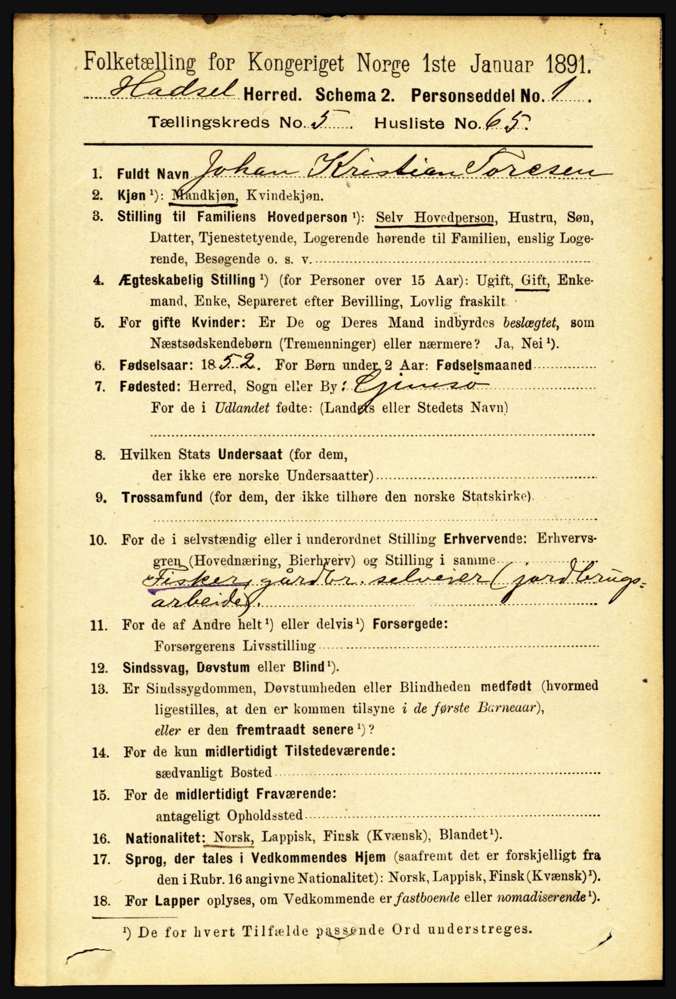 RA, 1891 census for 1866 Hadsel, 1891, p. 2569