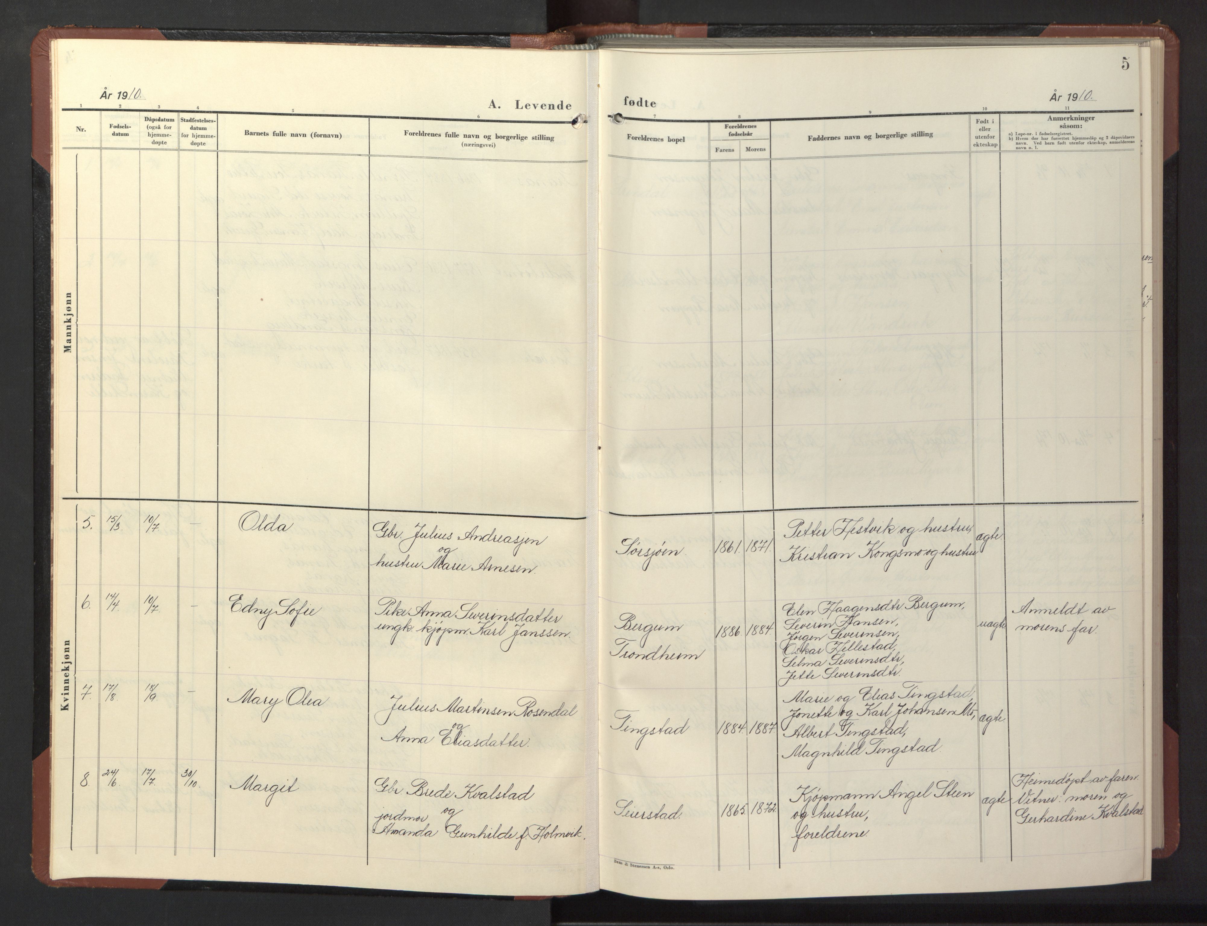 Ministerialprotokoller, klokkerbøker og fødselsregistre - Nord-Trøndelag, SAT/A-1458/773/L0625: Parish register (copy) no. 773C01, 1910-1952, p. 5