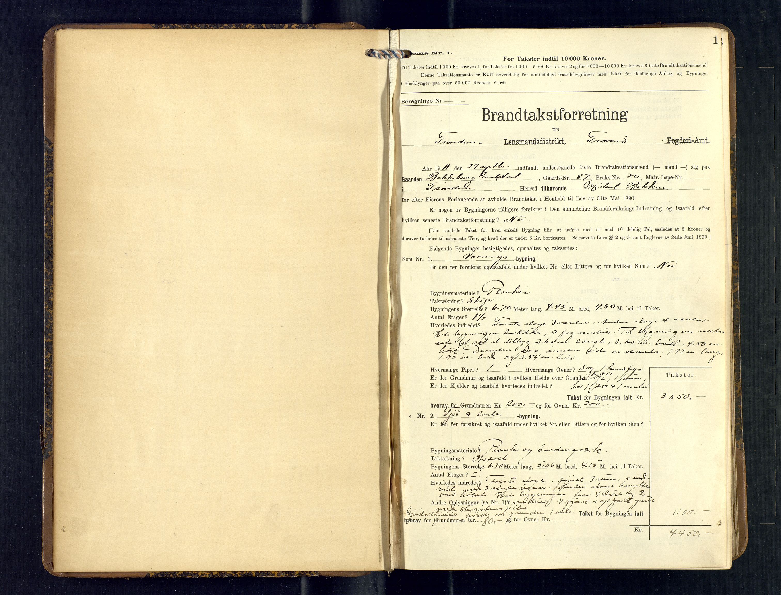 Harstad lensmannskontor, AV/SATØ-SATØ-10/F/Fr/Fra/L0604: Branntakstprotokoll (S). Merket T, 1911-1913, p. 1