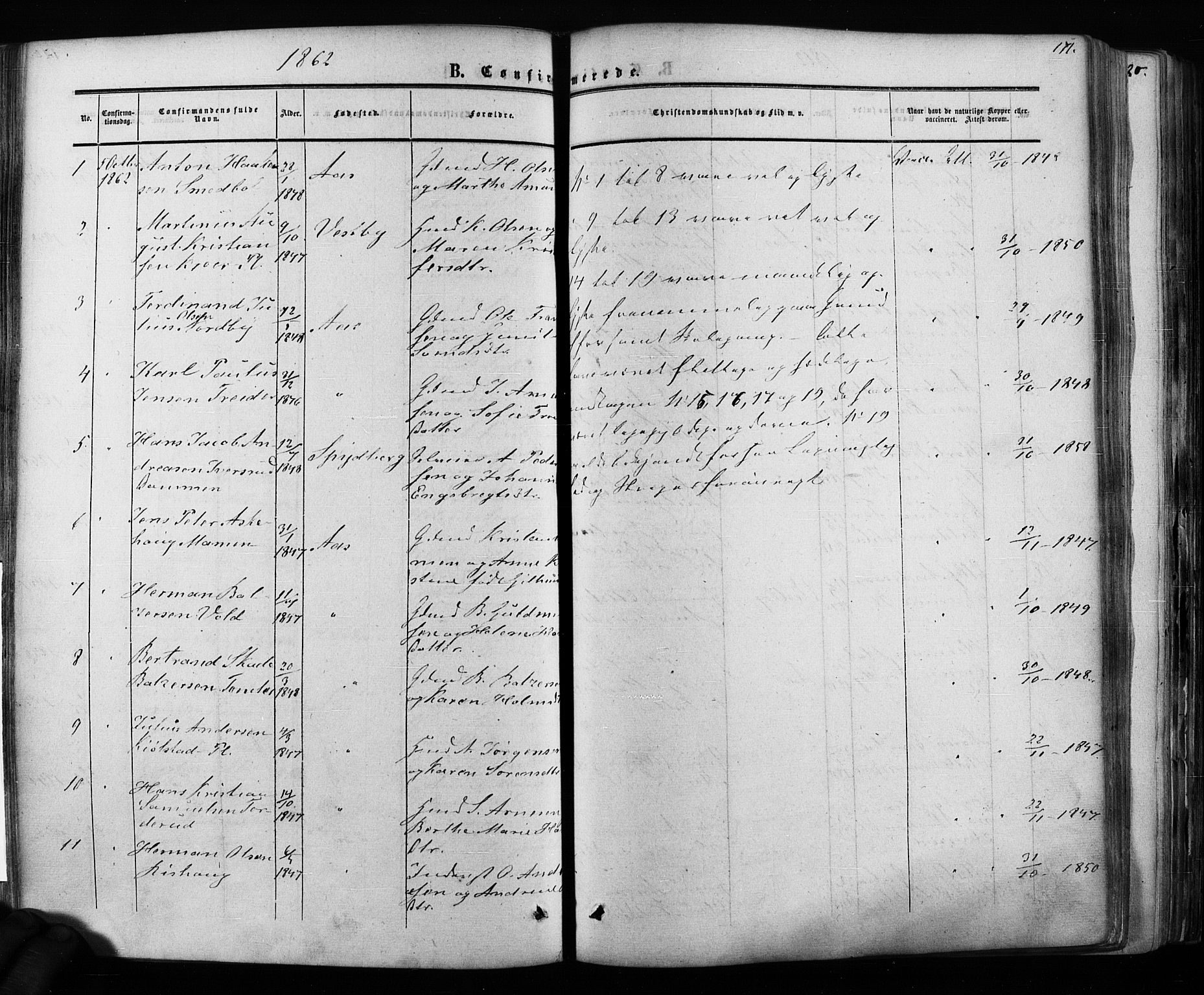 Ås prestekontor Kirkebøker, AV/SAO-A-10894/F/Fa/L0007: Parish register (official) no. I 7, 1854-1870, p. 171