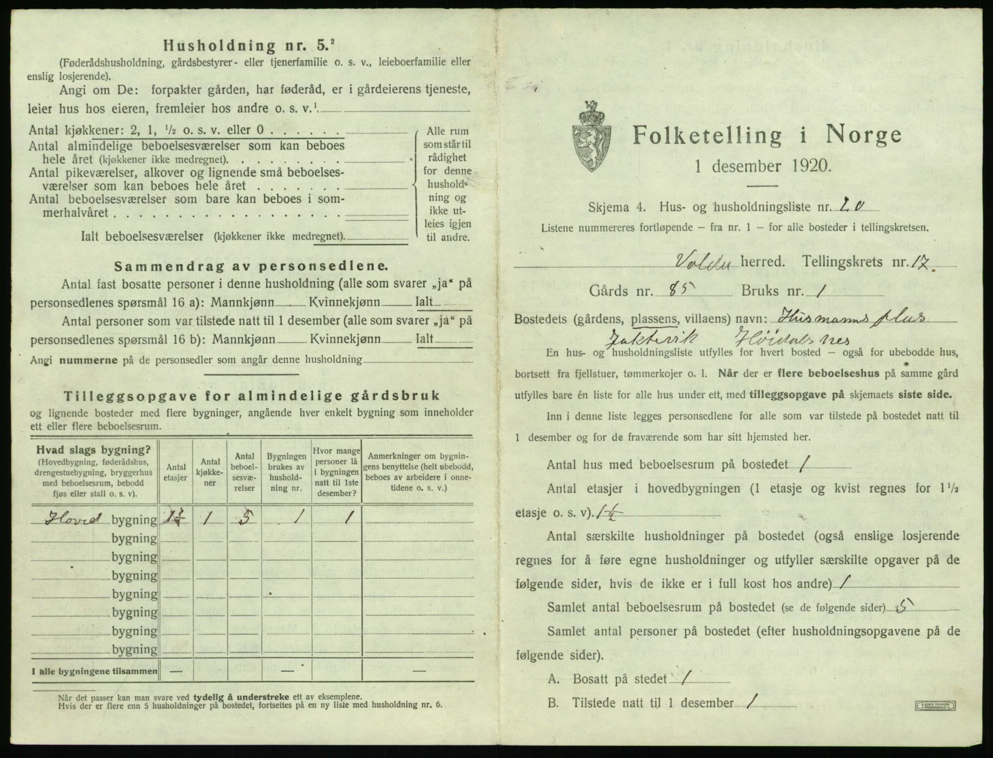 SAT, 1920 census for Volda, 1920, p. 1278