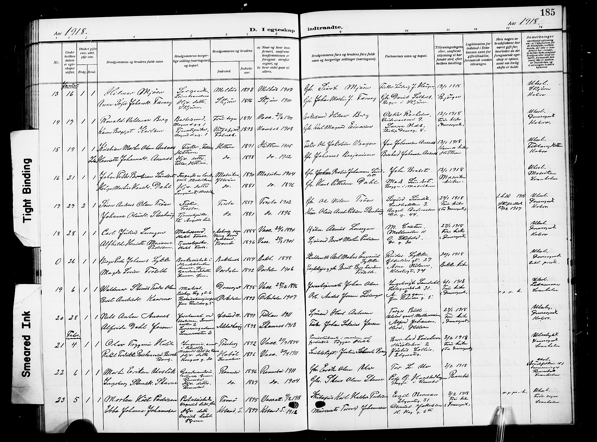 Ministerialprotokoller, klokkerbøker og fødselsregistre - Sør-Trøndelag, SAT/A-1456/601/L0097: Parish register (copy) no. 601C15, 1911-1921, p. 185