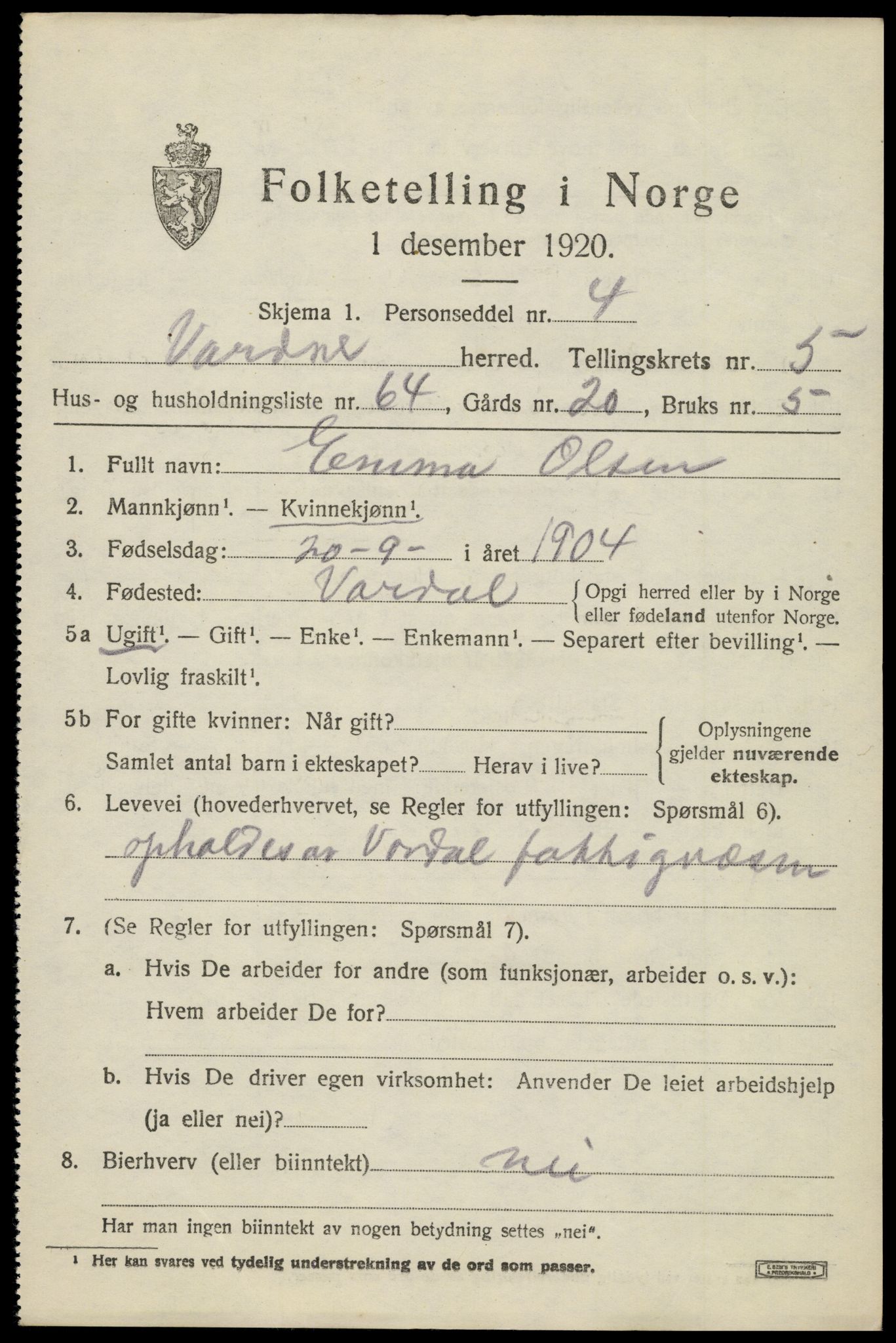 SAH, 1920 census for Vardal, 1920, p. 3859