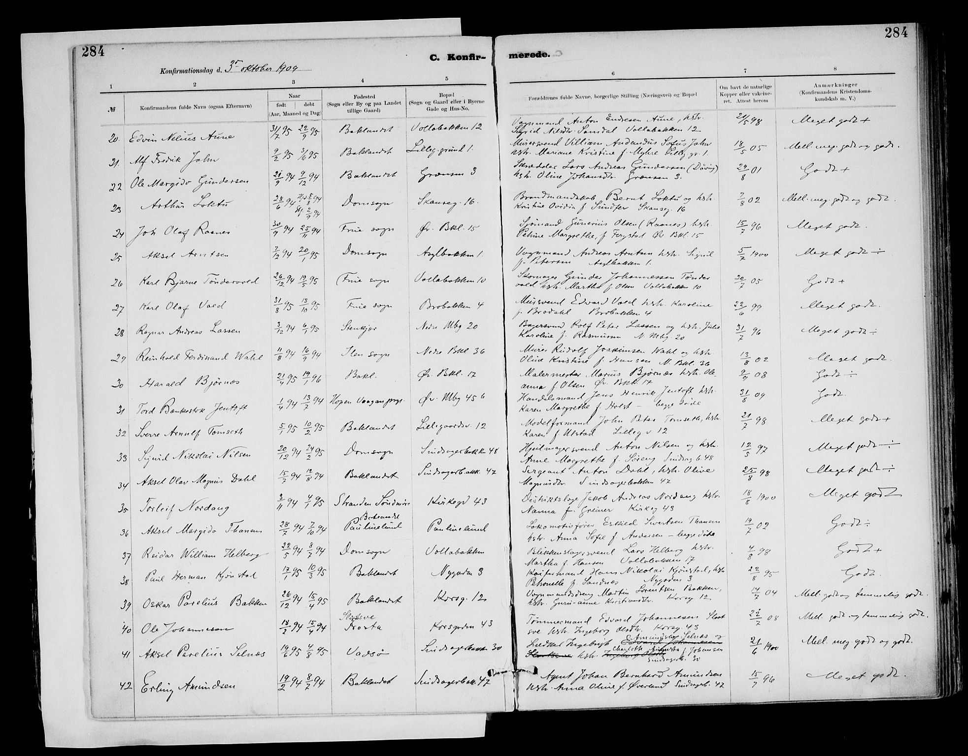 Ministerialprotokoller, klokkerbøker og fødselsregistre - Sør-Trøndelag, AV/SAT-A-1456/604/L0203: Parish register (official) no. 604A23, 1908-1916, p. 284