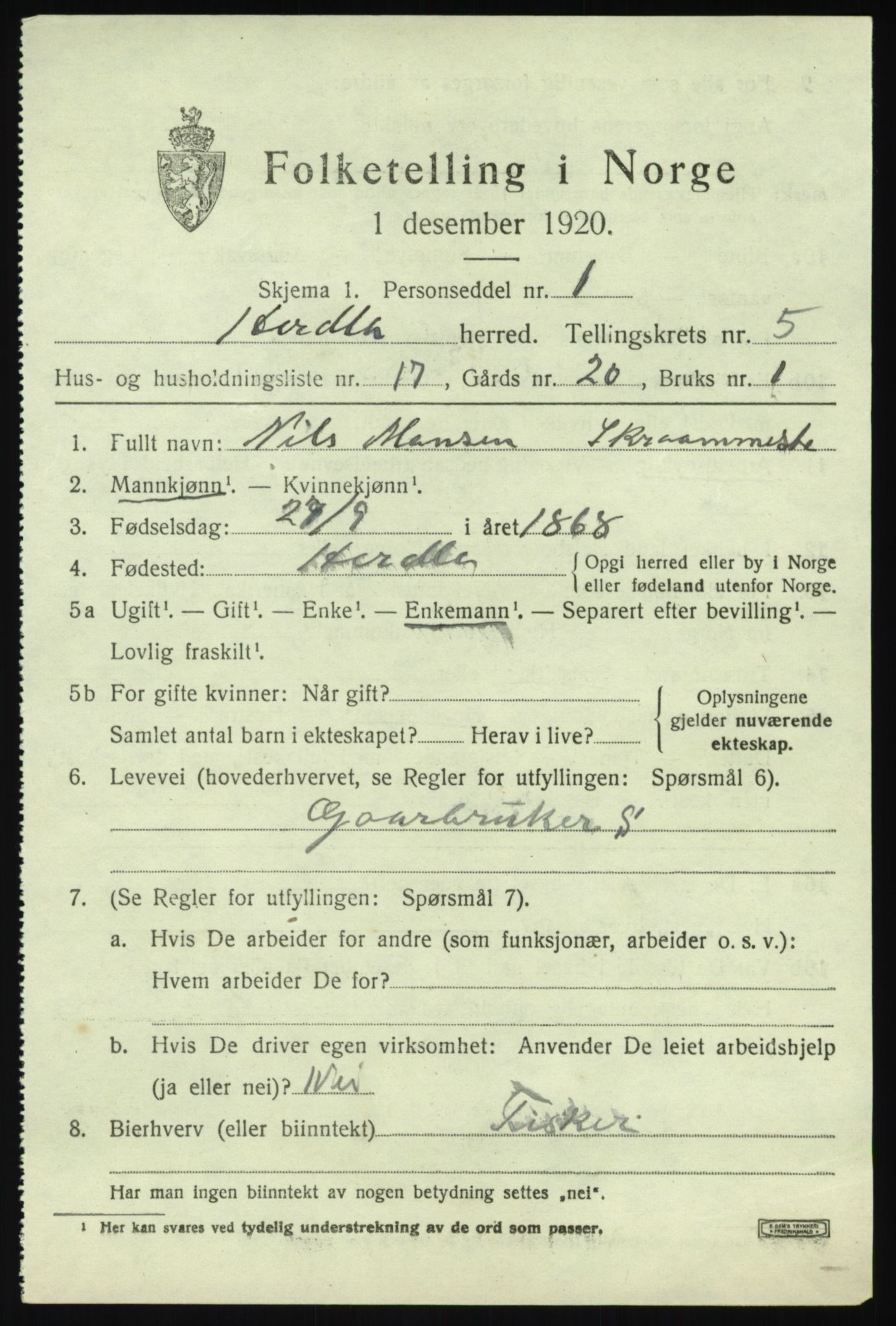 SAB, 1920 census for Herdla, 1920, p. 4027