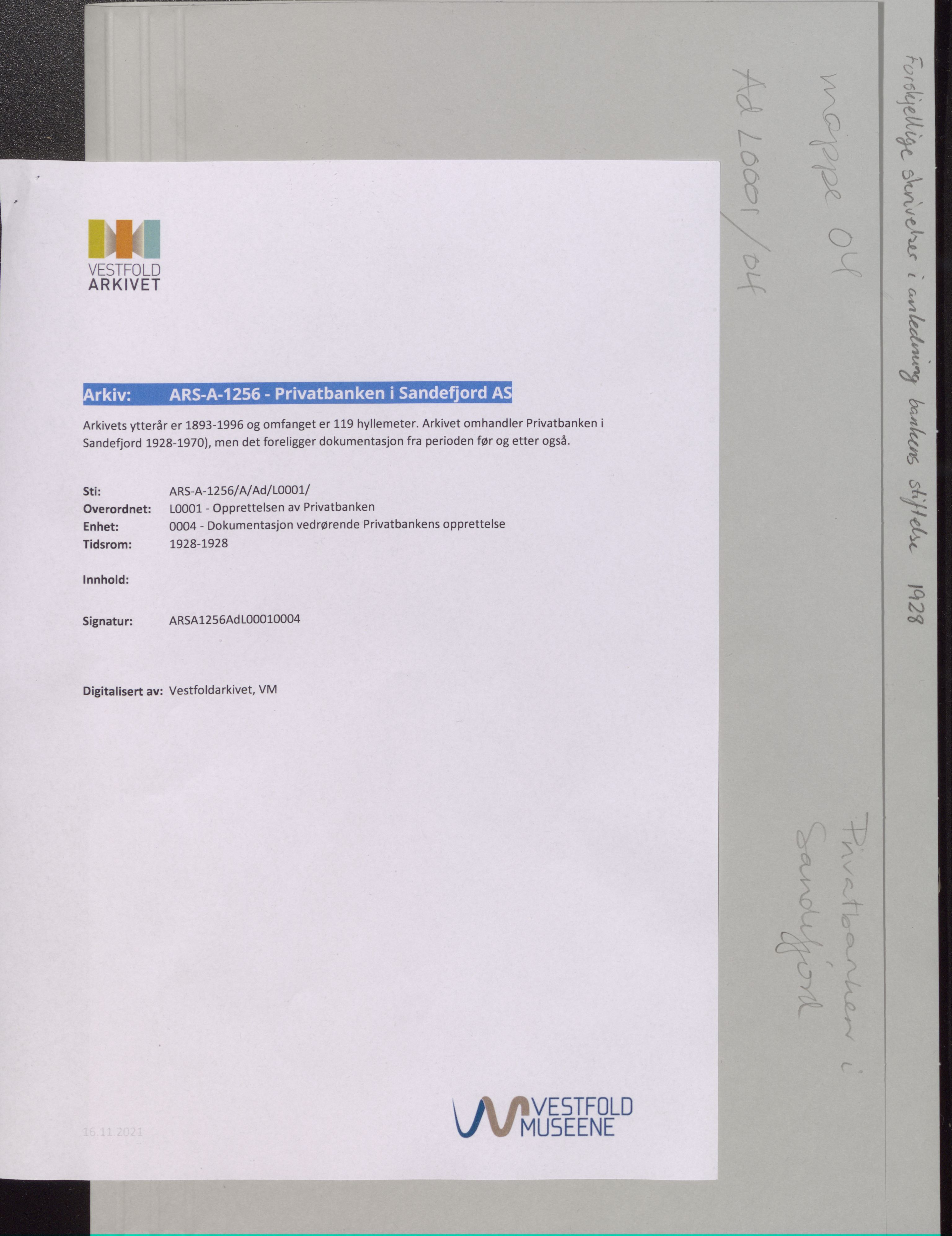 Privatbanken i Sandefjord AS, VEMU/ARS-A-1256/A/Ad/L0001/0004: Opprettelsen av Privatbanken / Dokumentasjon vedrørende Privatbankens opprettelse, 1928