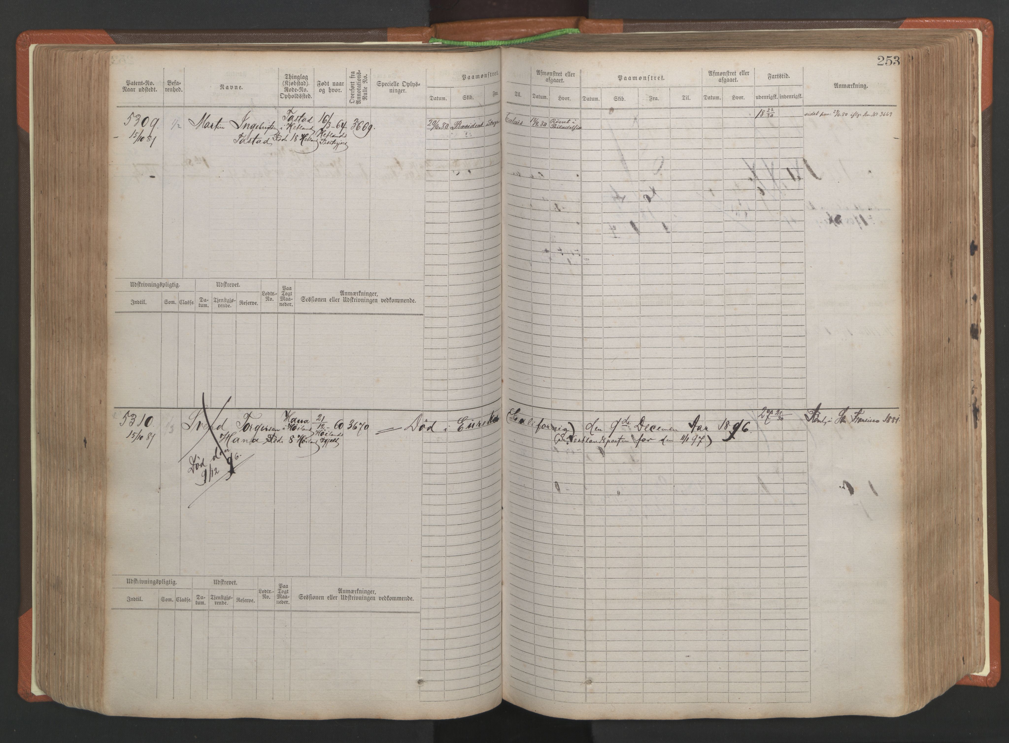 Stavanger sjømannskontor, AV/SAST-A-102006/F/Fb/Fbb/L0009: Sjøfartshovedrulle, patentnr. 4805-6006, 1879-1887, p. 259