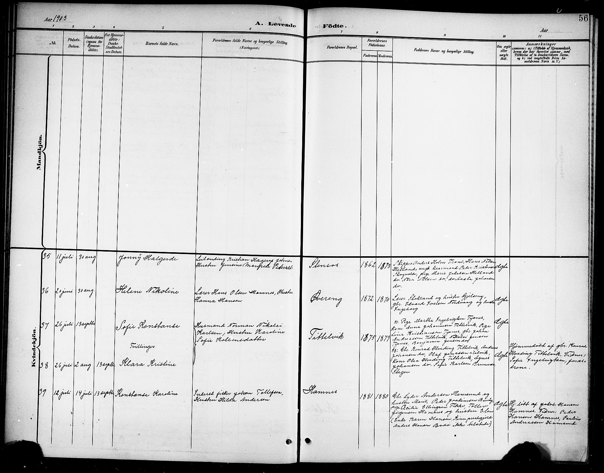 Ministerialprotokoller, klokkerbøker og fødselsregistre - Nordland, AV/SAT-A-1459/859/L0860: Parish register (copy) no. 859C06, 1899-1909, p. 56