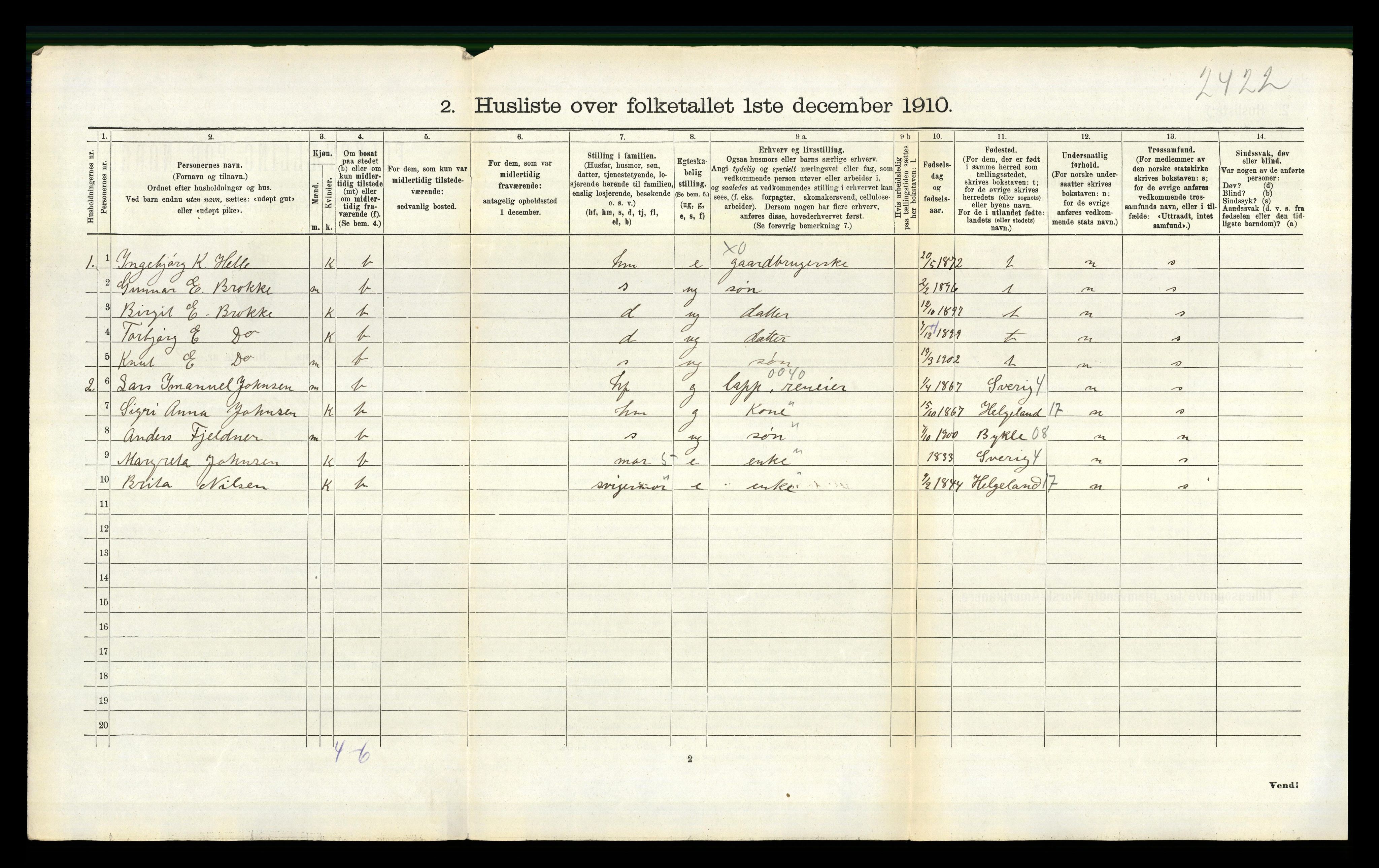 RA, 1910 census for Valle, 1910, p. 496