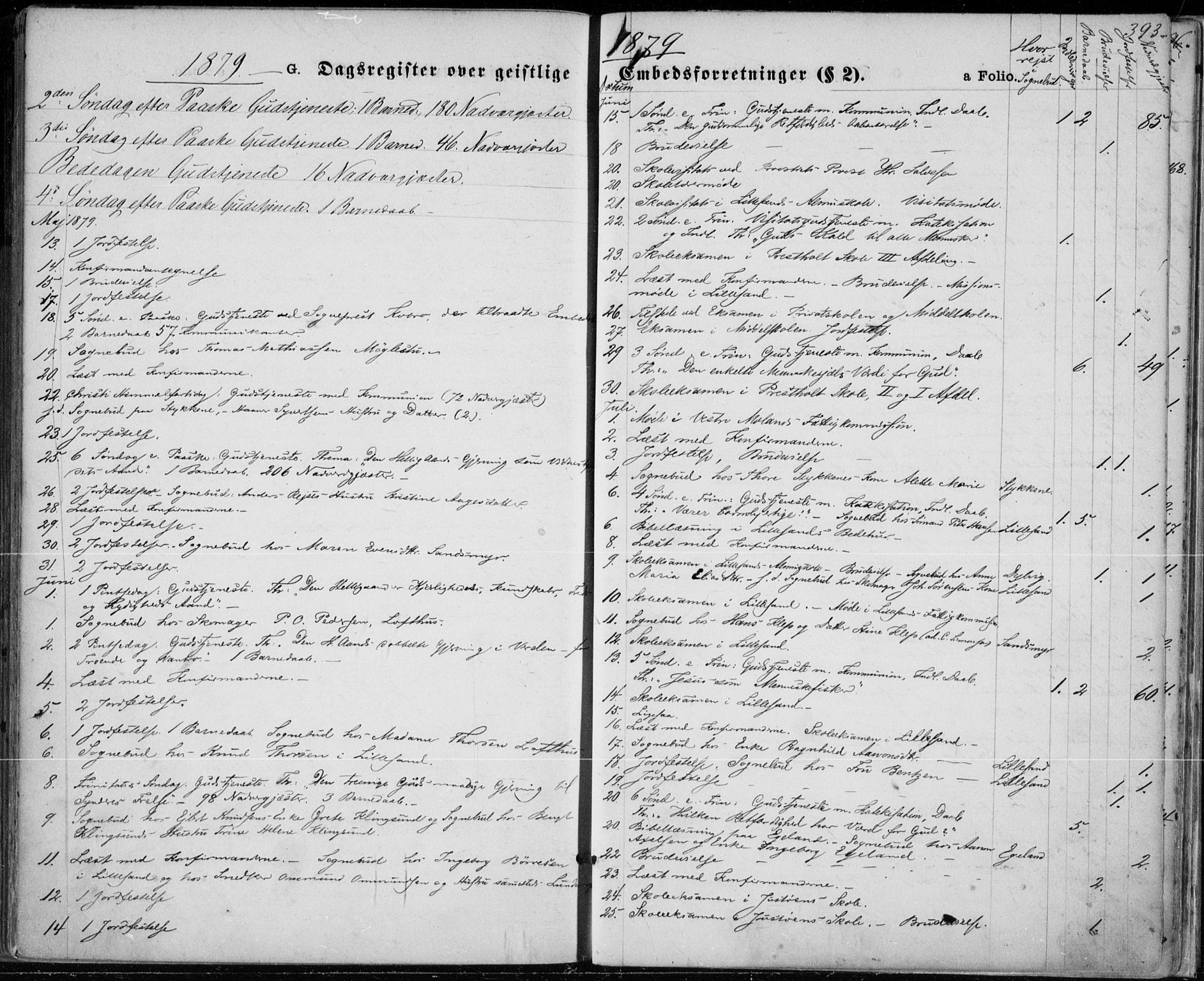 Vestre Moland sokneprestkontor, SAK/1111-0046/F/Fa/Fab/L0008: Parish register (official) no. A 8, 1873-1883, p. 393