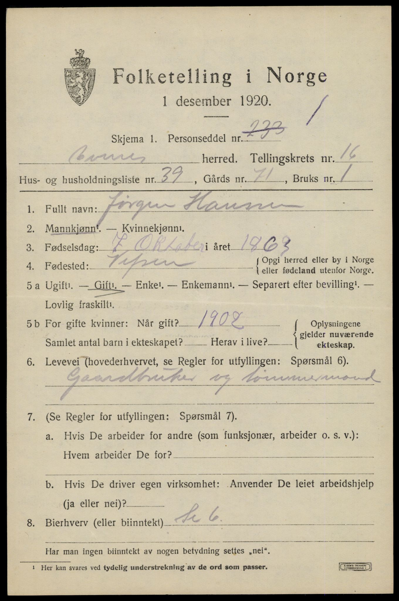 SAT, 1920 census for Evenes, 1920, p. 13648