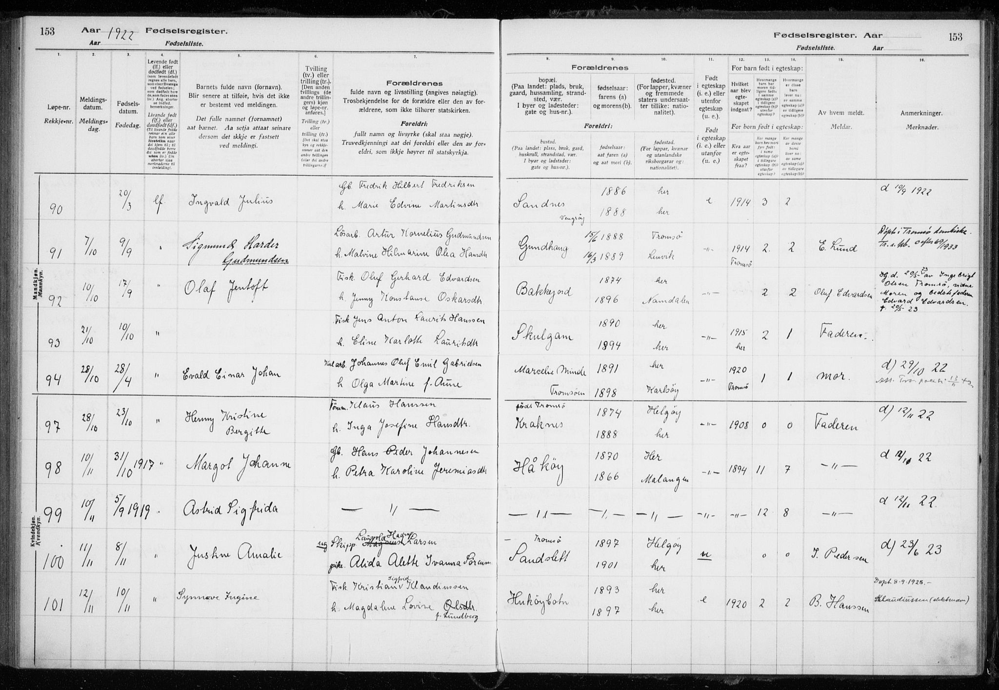 Tromsøysund sokneprestkontor, AV/SATØ-S-1304/H/Ha/L0079: Birth register no. 79, 1916-1924, p. 153