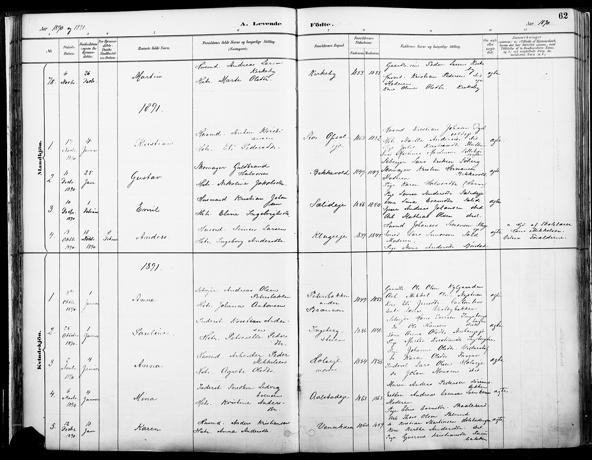Vang prestekontor, Hedmark, SAH/PREST-008/H/Ha/Haa/L0019A: Parish register (official) no. 19, 1886-1900, p. 62