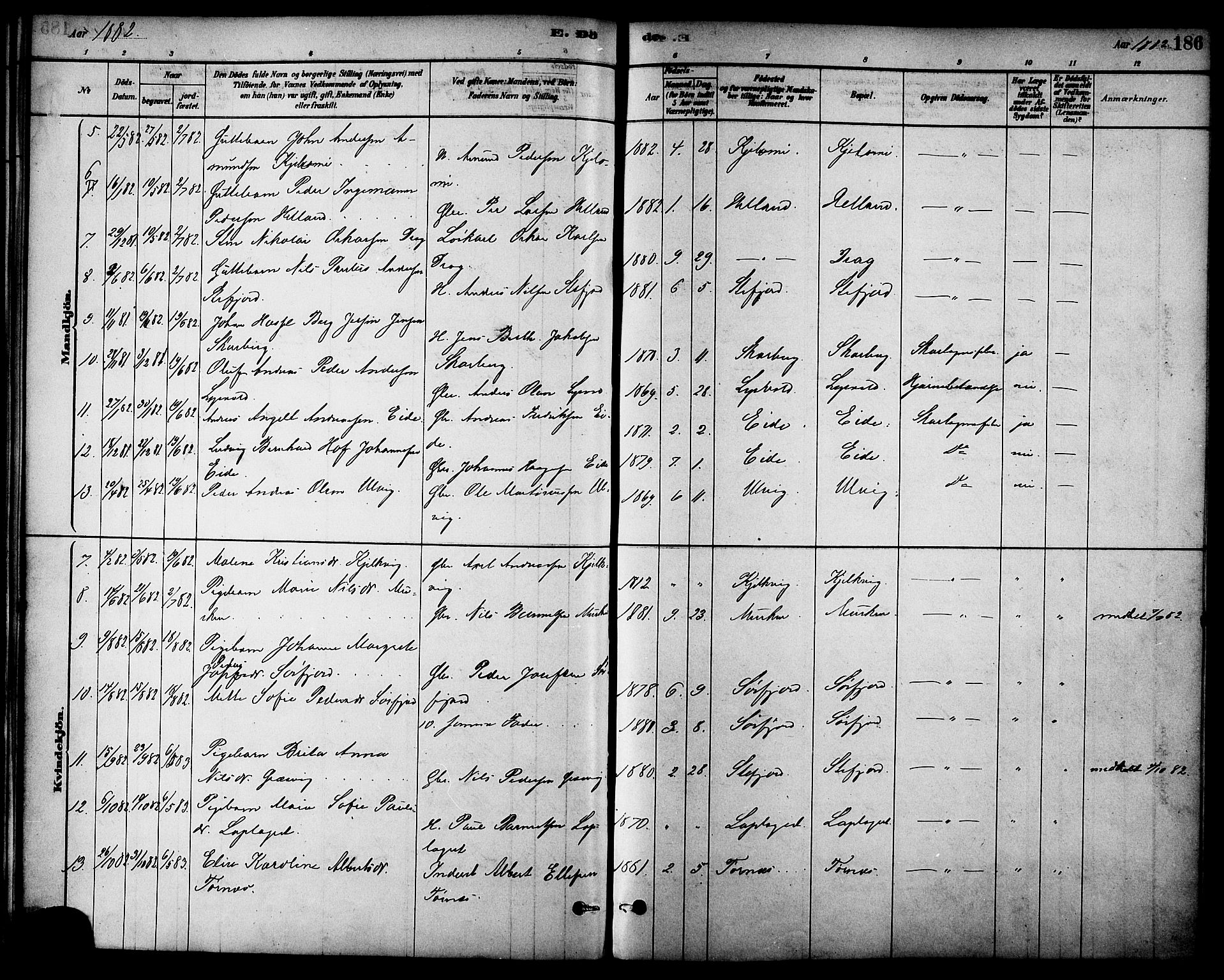 Ministerialprotokoller, klokkerbøker og fødselsregistre - Nordland, AV/SAT-A-1459/861/L0868: Parish register (official) no. 861A03, 1879-1889, p. 186