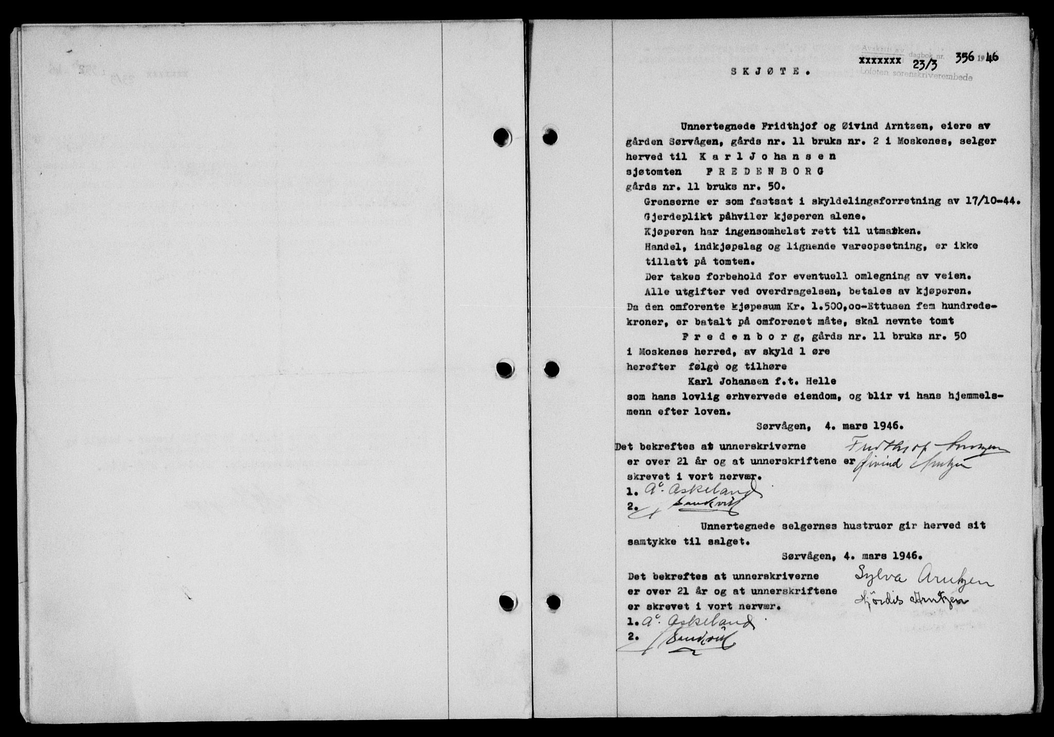 Lofoten sorenskriveri, SAT/A-0017/1/2/2C/L0013a: Mortgage book no. 13a, 1944-1946, Diary no: : 356/1946