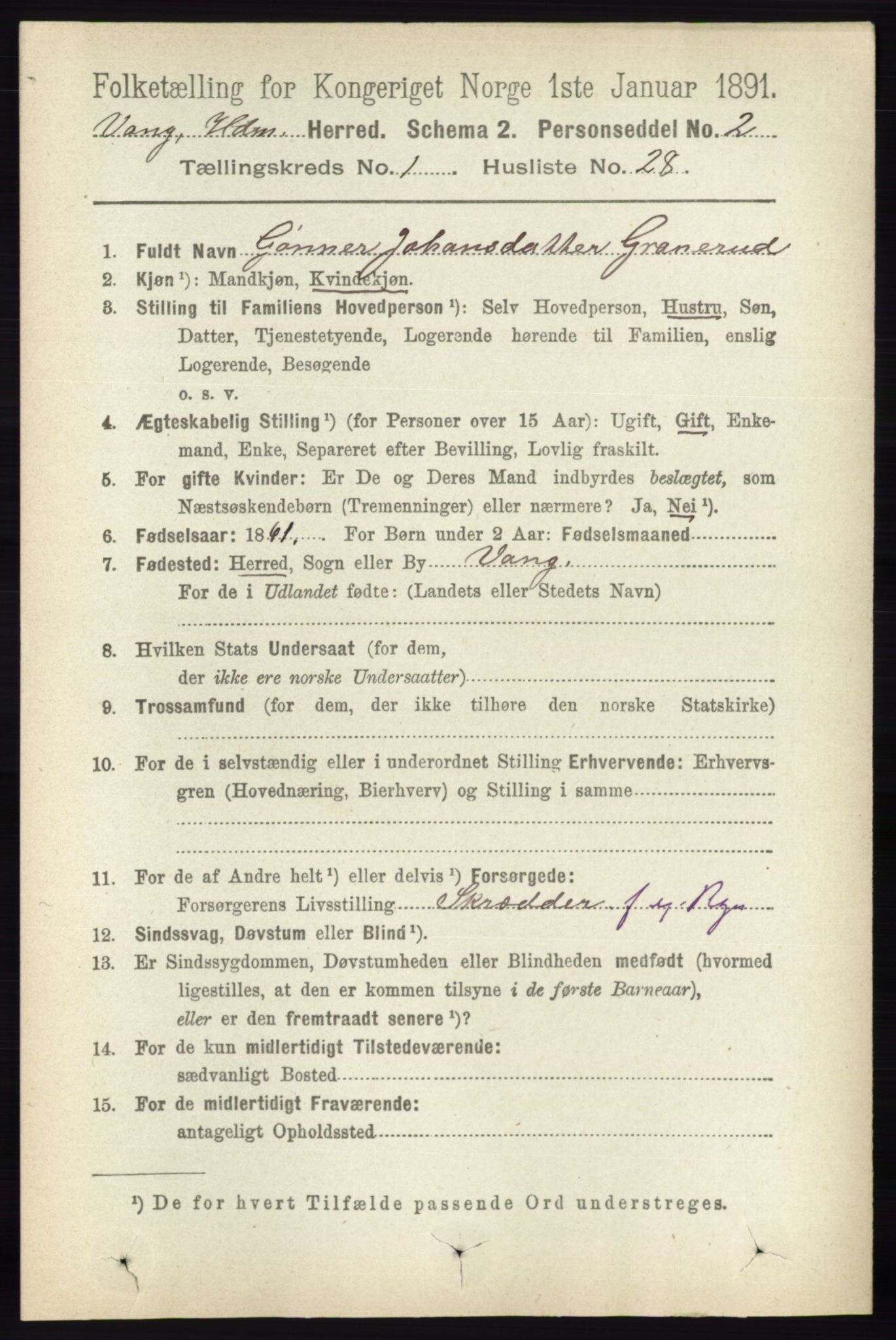 RA, 1891 census for 0414 Vang, 1891, p. 343