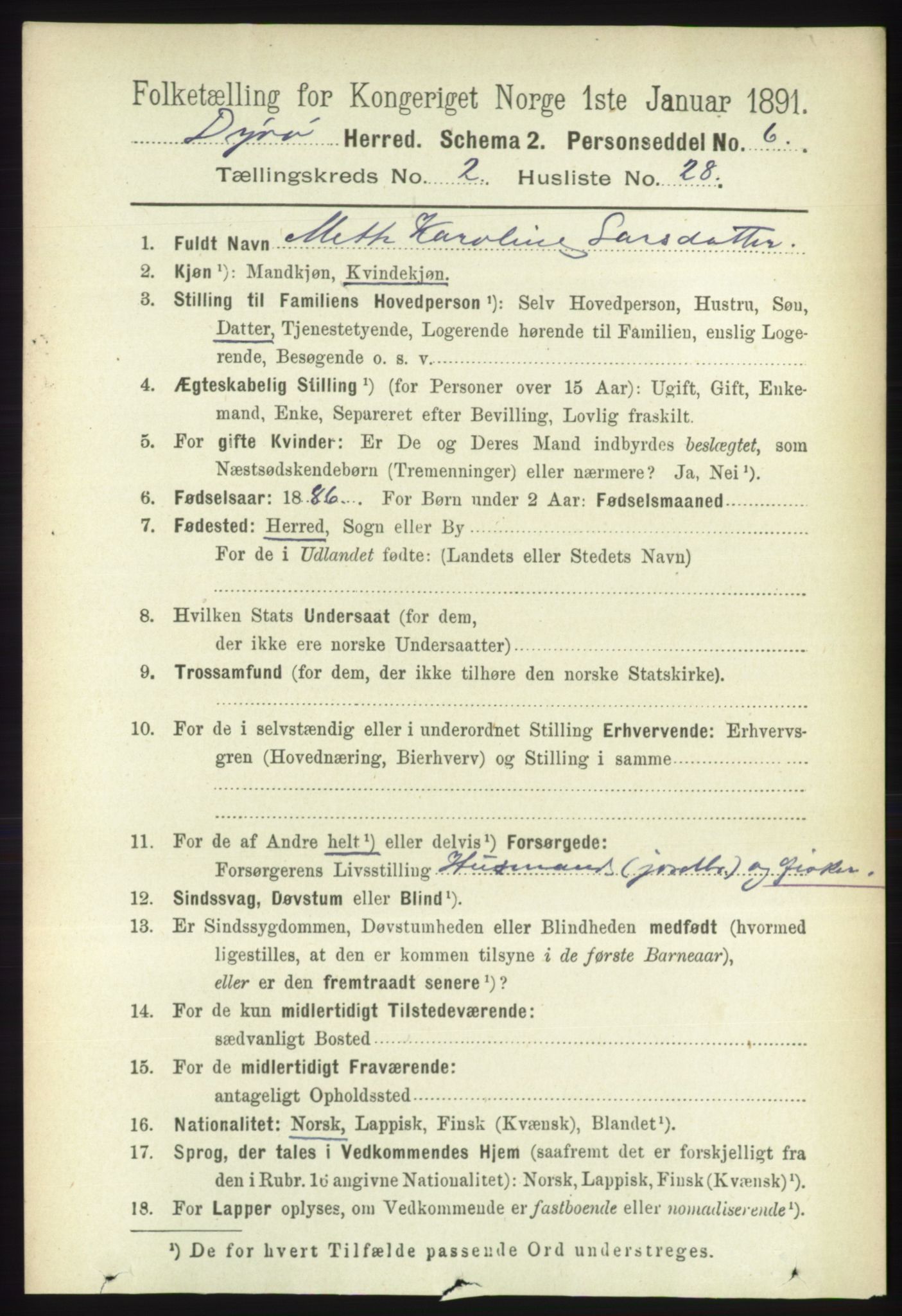 RA, 1891 census for 1926 Dyrøy, 1891, p. 730