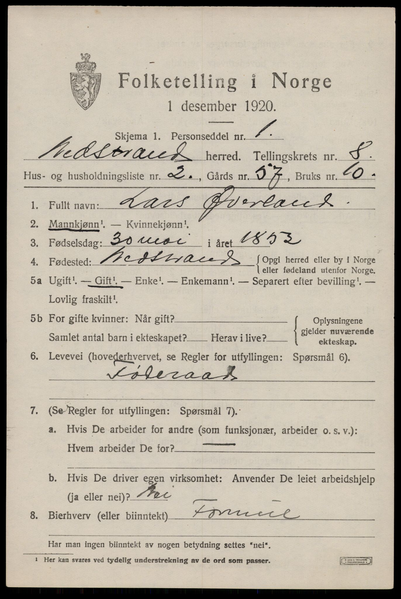 SAST, 1920 census for Nedstrand, 1920, p. 2917