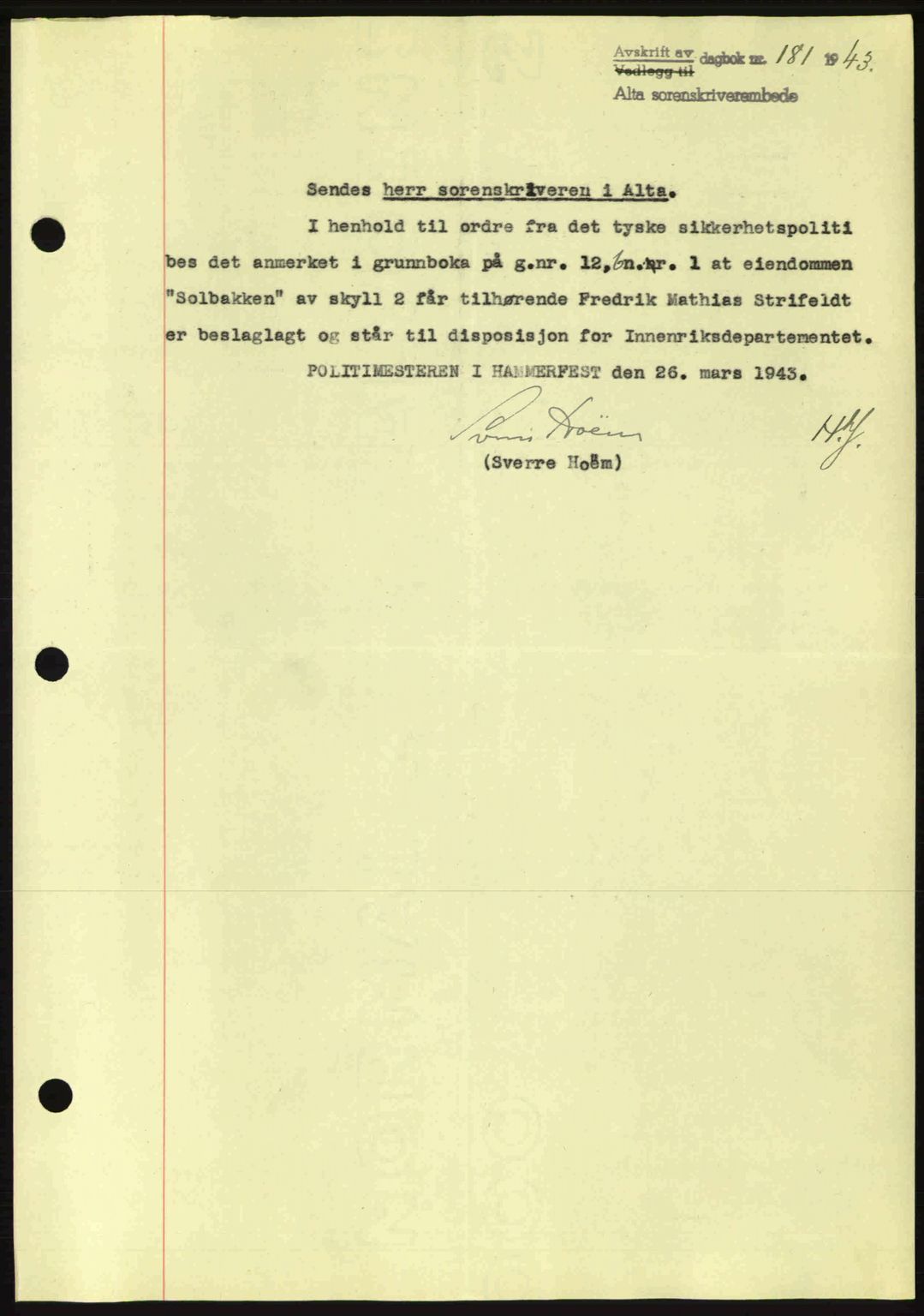 Alta fogderi/sorenskriveri, SATØ/SATØ-5/1/K/Kd/L0033pantebok: Mortgage book no. 33, 1940-1943, Diary no: : 181/1943