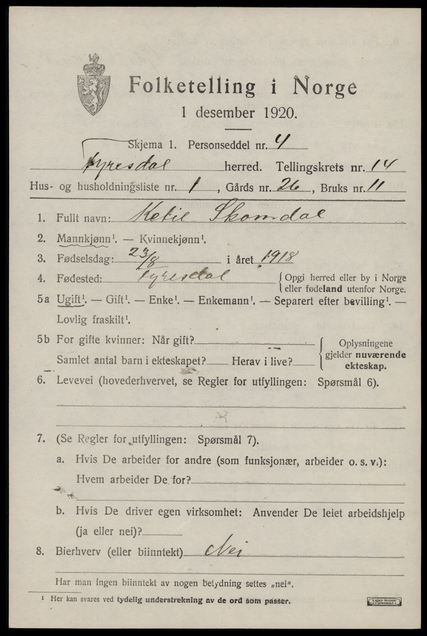 SAKO, 1920 census for Fyresdal, 1920, p. 4377