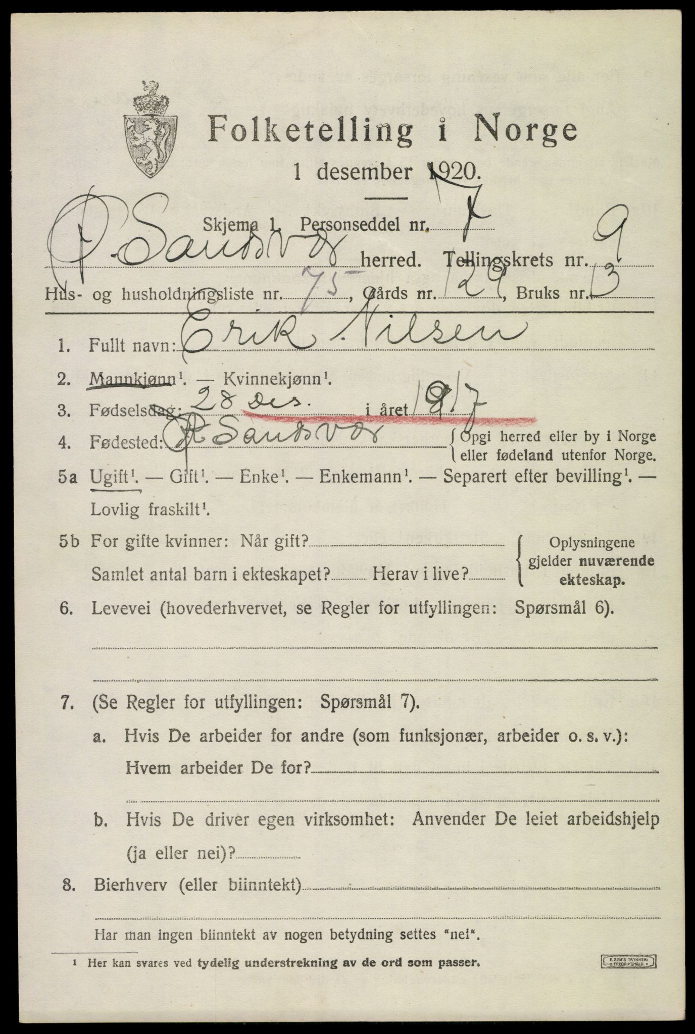 SAKO, 1920 census for Øvre Sandsvær, 1920, p. 5570