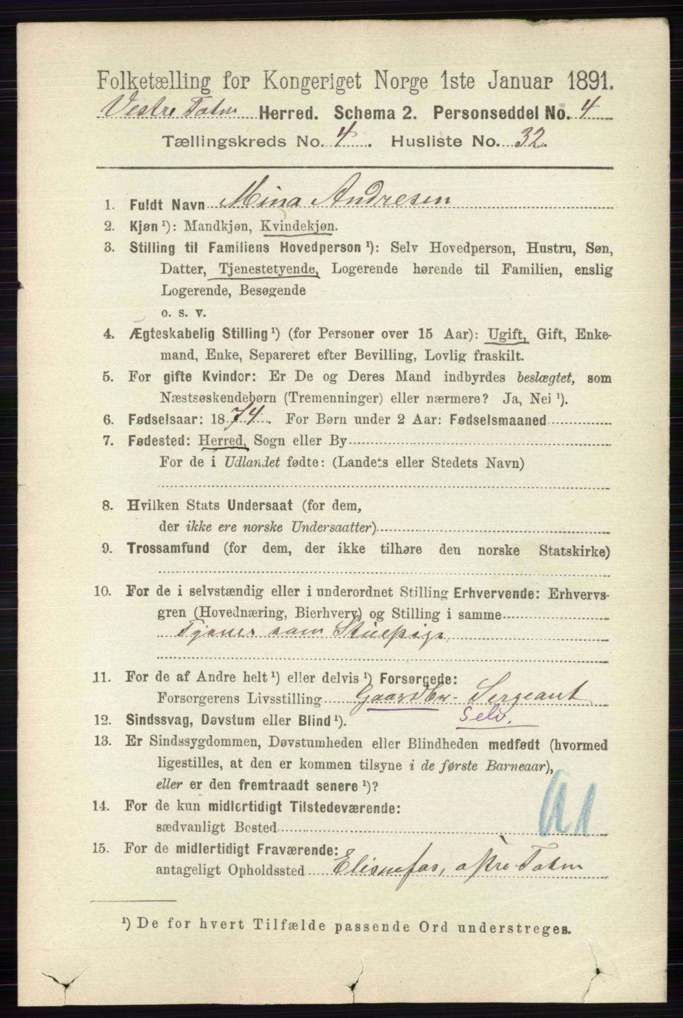 RA, 1891 census for 0529 Vestre Toten, 1891, p. 2888