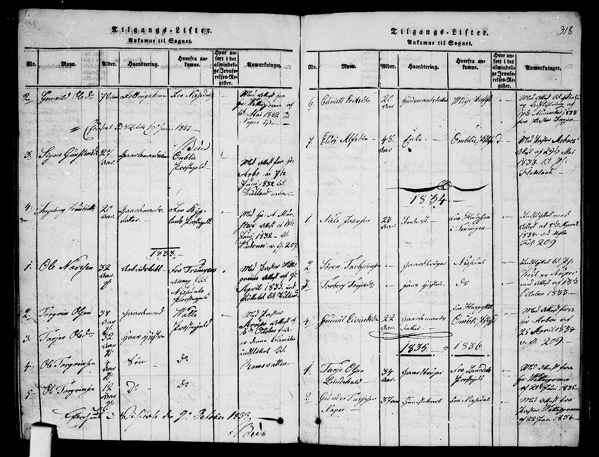 Fyresdal kirkebøker, SAKO/A-263/G/Ga/L0001: Parish register (copy) no. I 1, 1816-1840, p. 318