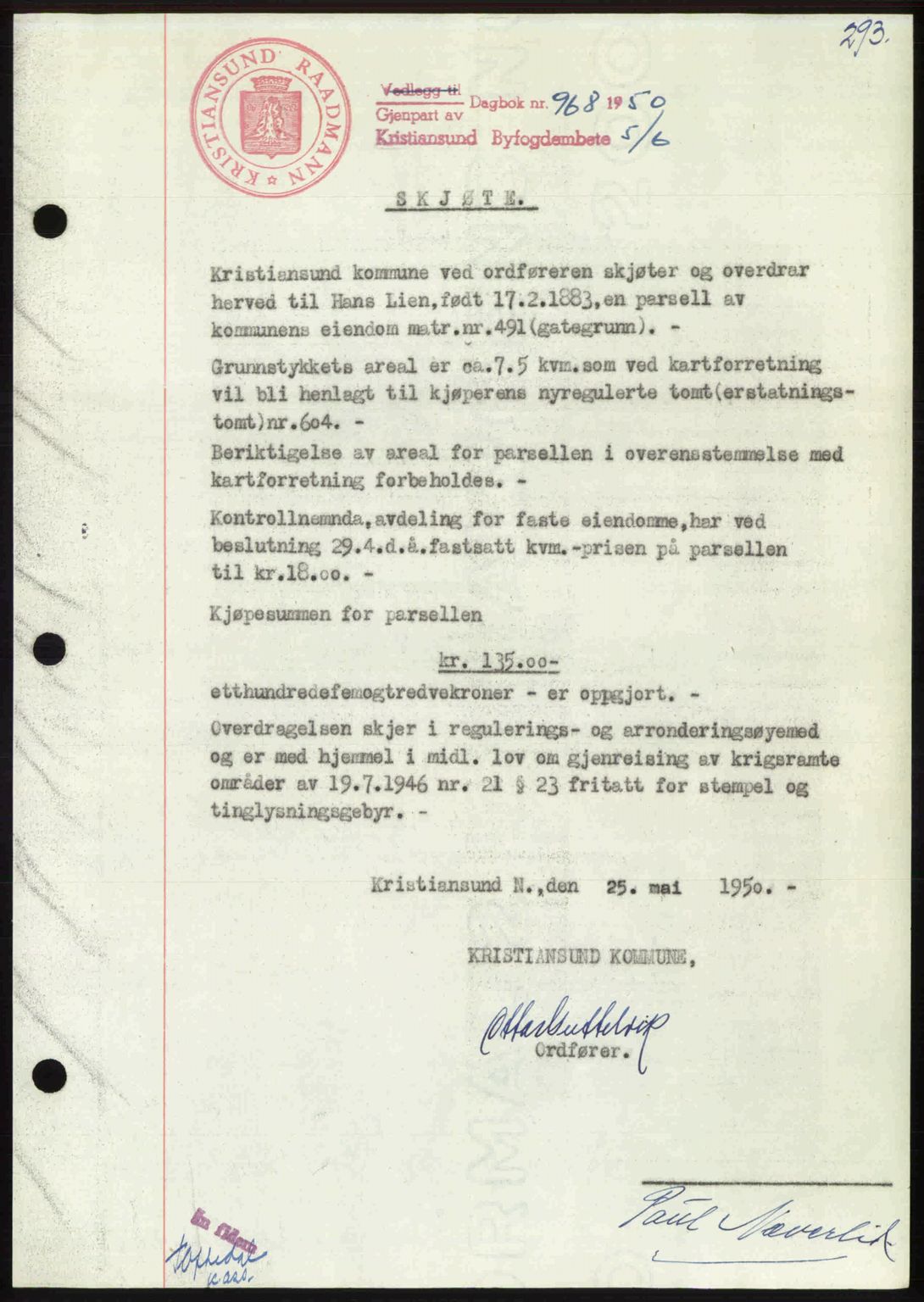 Kristiansund byfogd, AV/SAT-A-4587/A/27: Mortgage book no. 46, 1949-1950, Diary no: : 968/1950