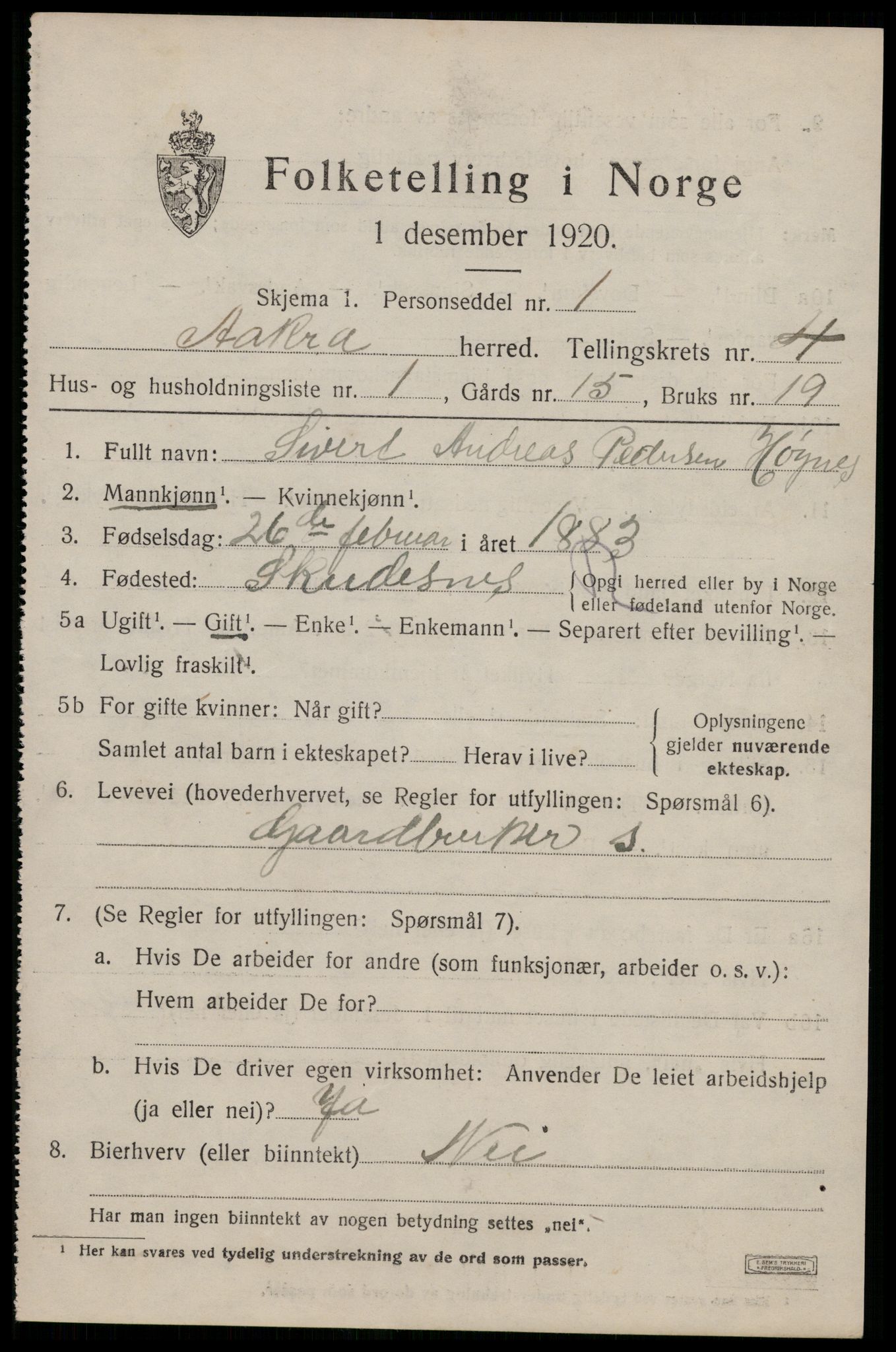 SAST, 1920 census for Åkra, 1920, p. 5882