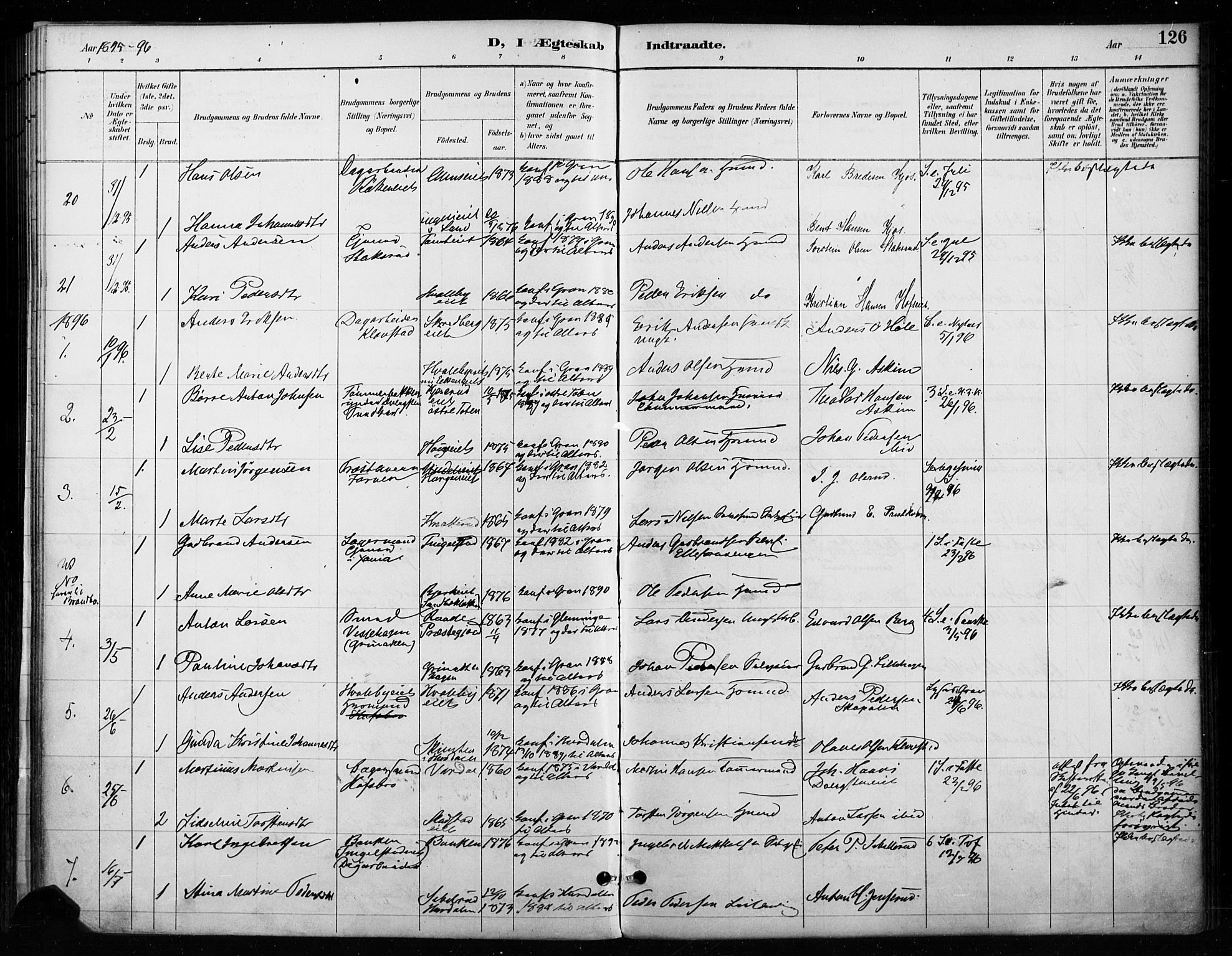 Gran prestekontor, SAH/PREST-112/H/Ha/Haa/L0018: Parish register (official) no. 18, 1889-1899, p. 126