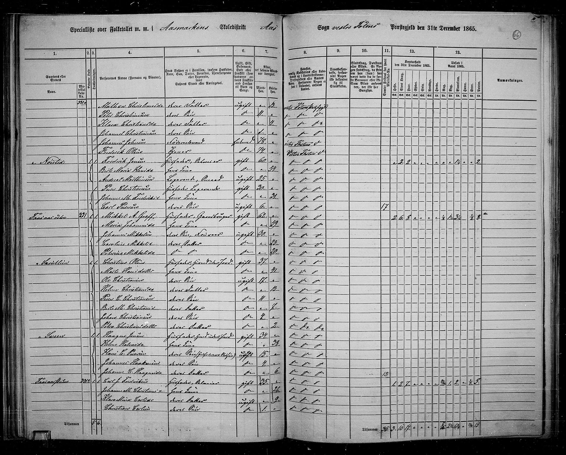 RA, 1865 census for Vestre Toten, 1865, p. 62