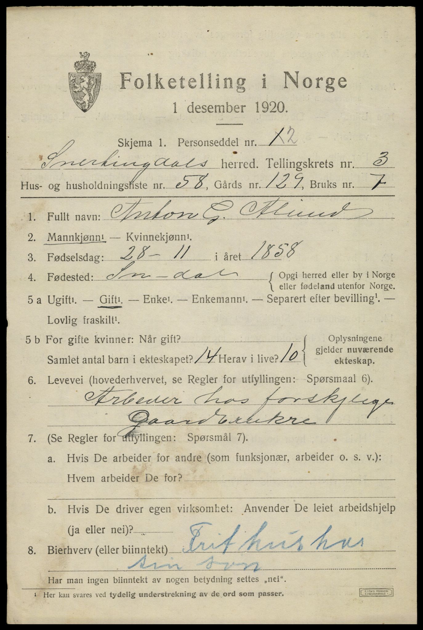 SAH, 1920 census for Snertingdal, 1920, p. 3341