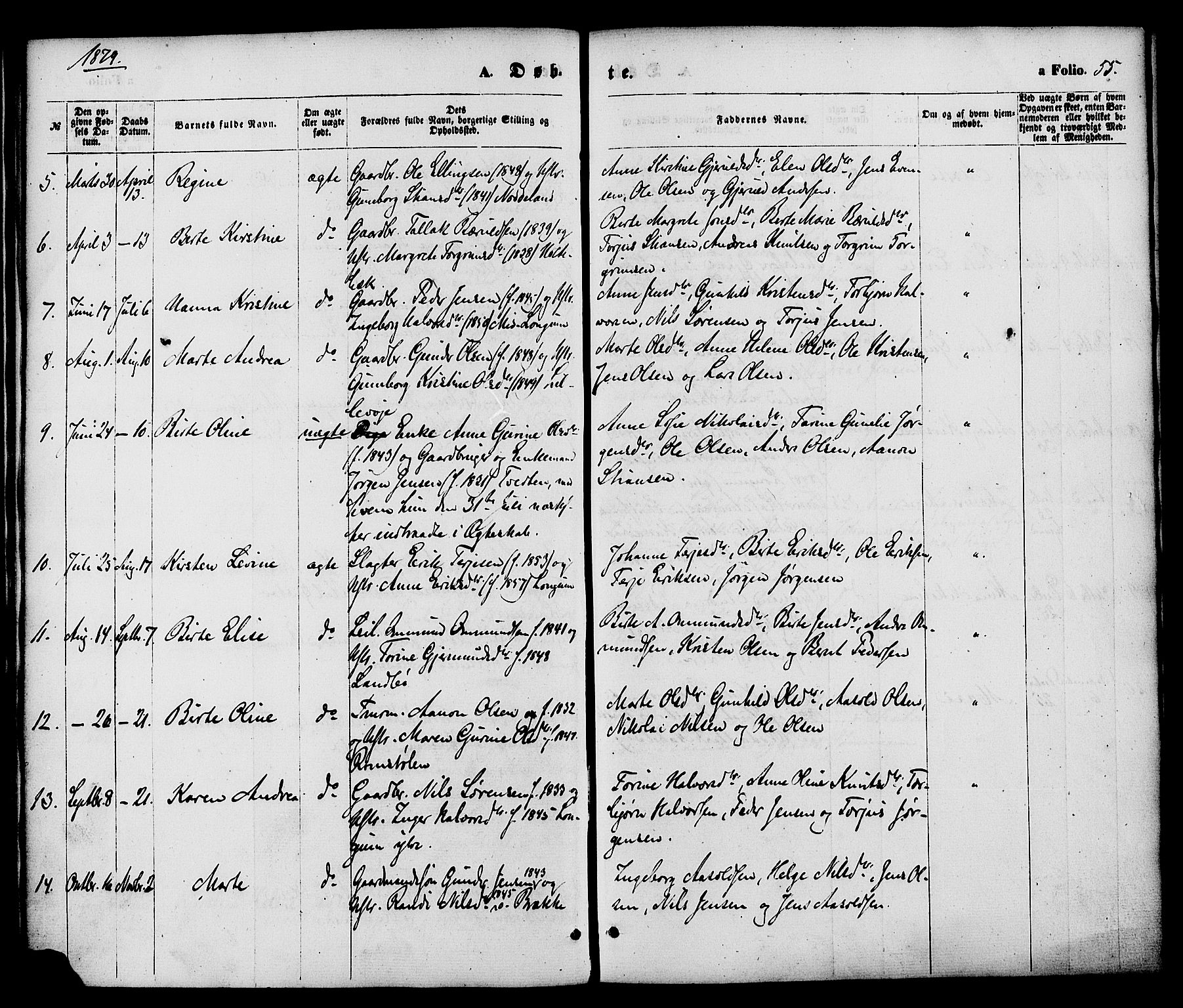 Austre Moland sokneprestkontor, AV/SAK-1111-0001/F/Fa/Faa/L0009: Parish register (official) no. A 9, 1869-1879, p. 55