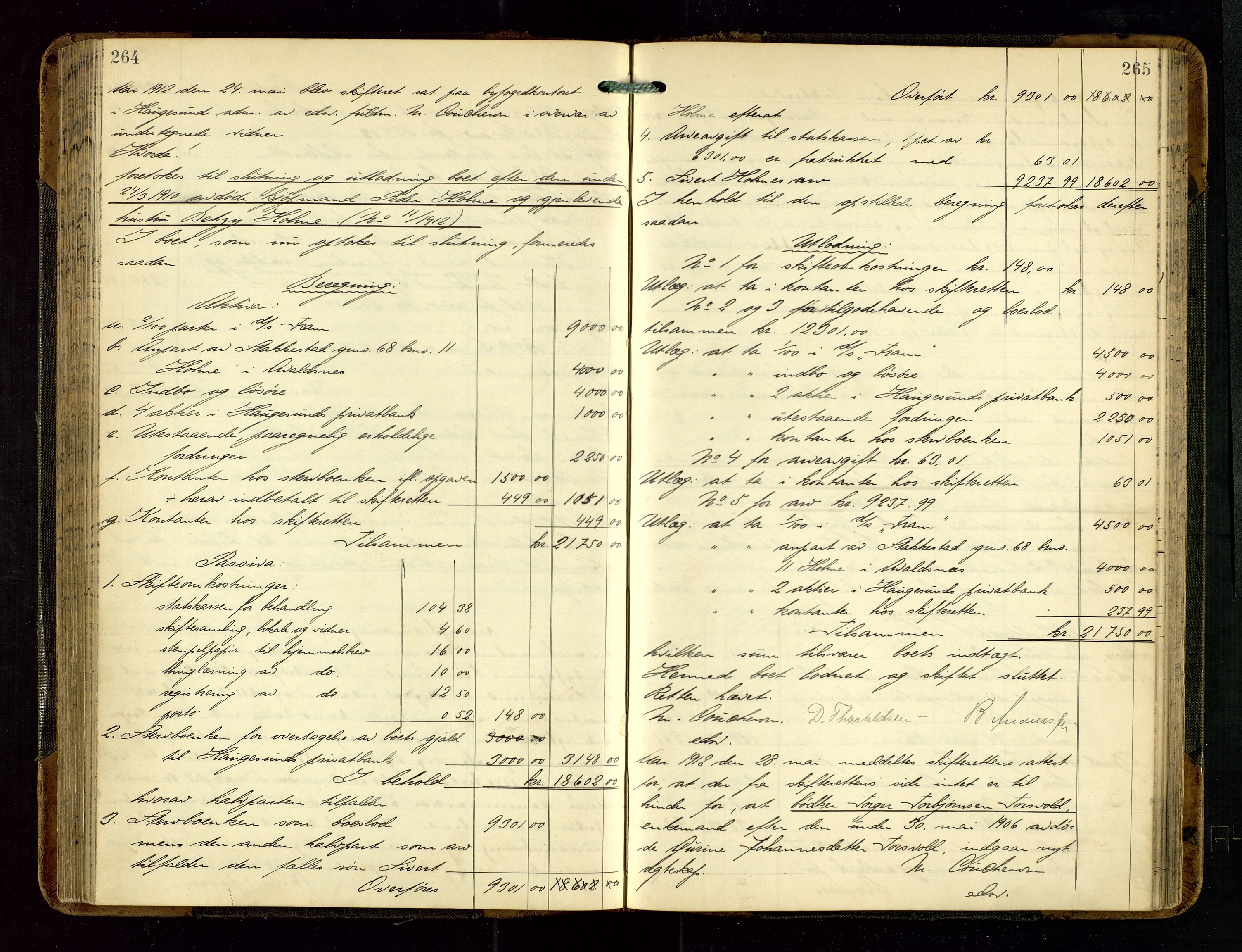 Haugesund tingrett, SAST/A-101415/01/IV/IVD/L0002: Skifteutlodningsprotokoll, med register, 1904-1915, p. 264-265