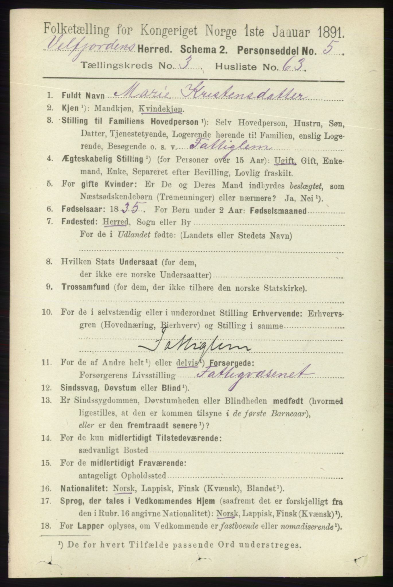 RA, 1891 census for 1813 Velfjord, 1891, p. 1455