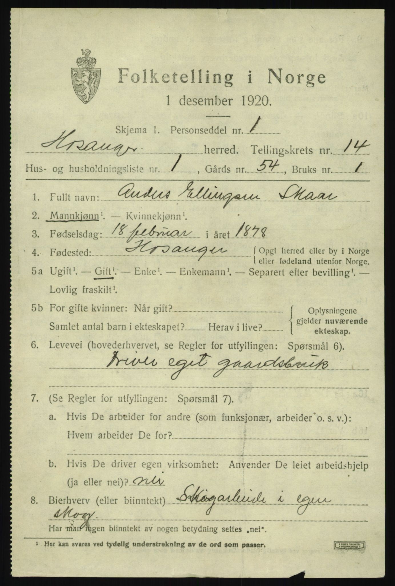 SAB, 1920 census for Hosanger, 1920, p. 5419