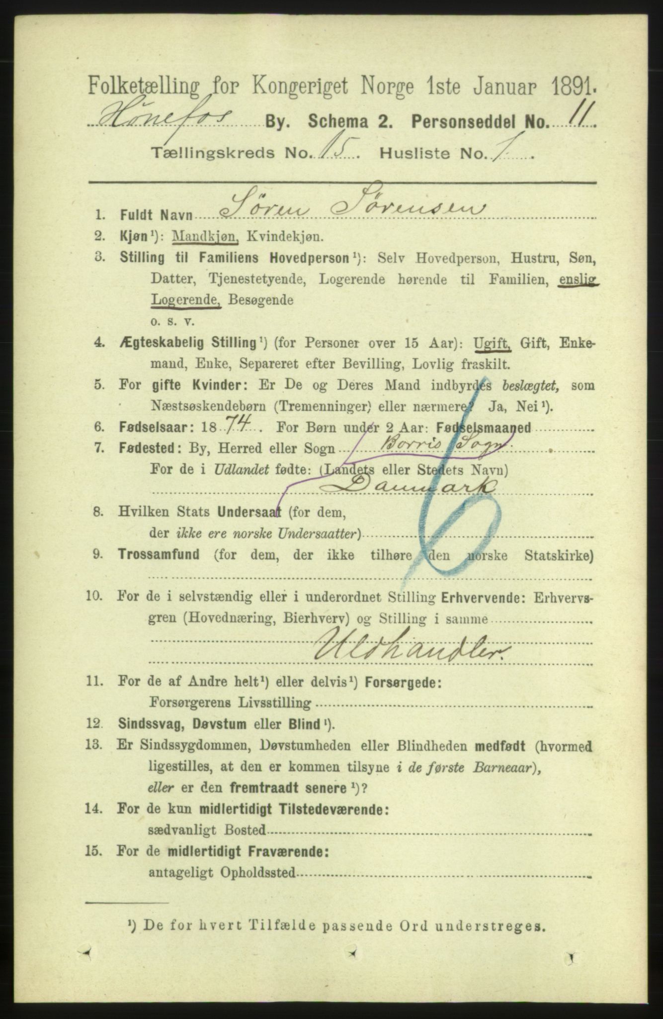 RA, 1891 census for 0601 Hønefoss, 1891, p. 1725