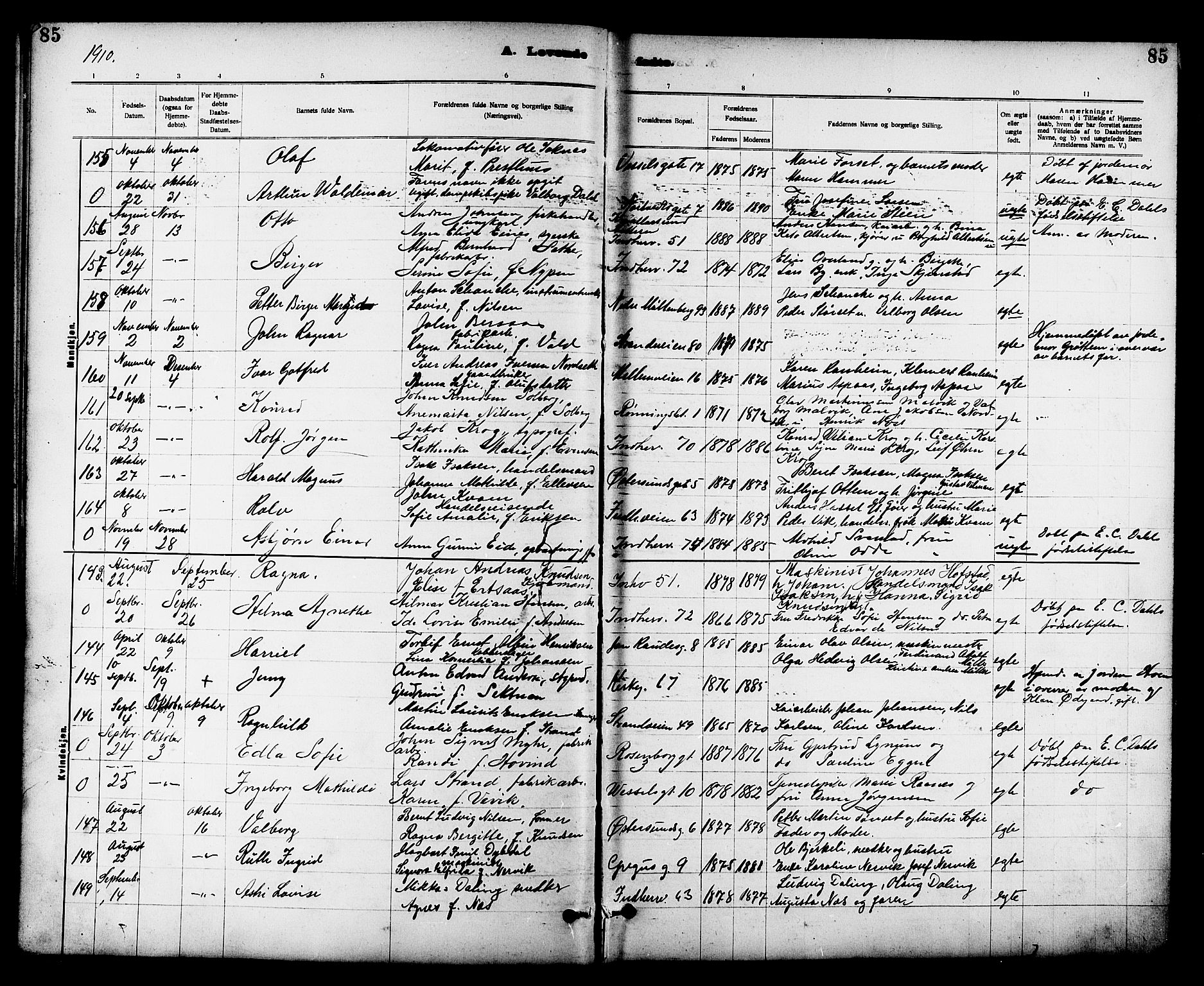 Ministerialprotokoller, klokkerbøker og fødselsregistre - Sør-Trøndelag, SAT/A-1456/605/L0254: Parish register (copy) no. 605C01, 1908-1916, p. 85