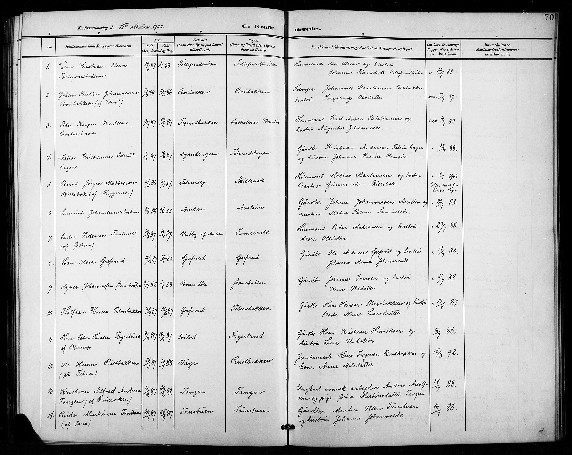 Vestre Toten prestekontor, SAH/PREST-108/H/Ha/Hab/L0016: Parish register (copy) no. 16, 1901-1915, p. 70